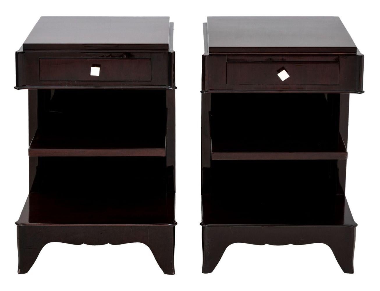 Pair of Art Deco Style Rosewood Nightstands, Side or End tables, with pull out drawer above two shelves. 28.5