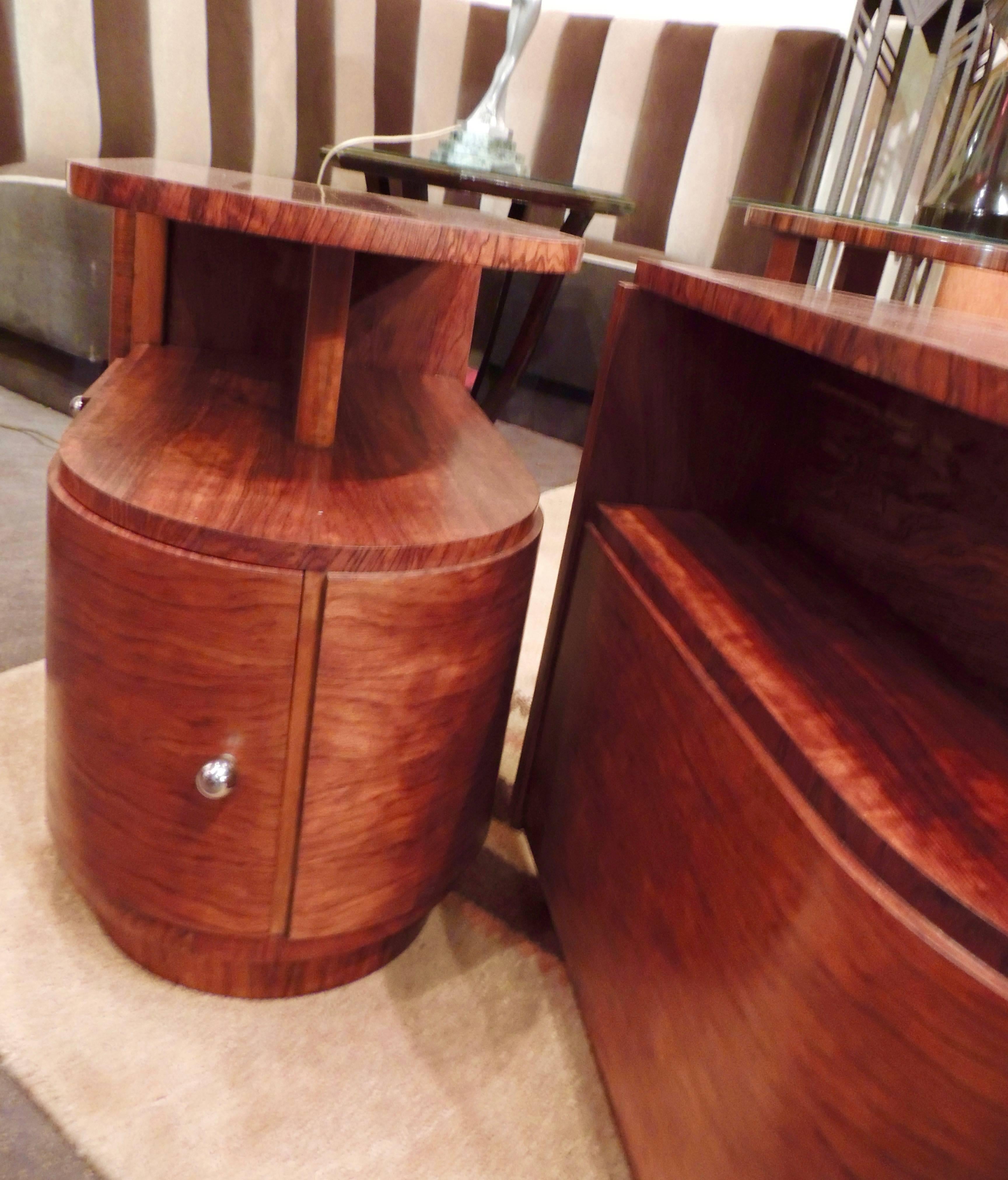 French Art Deco Rosewood Pair of Nightstands Streamlined Curves