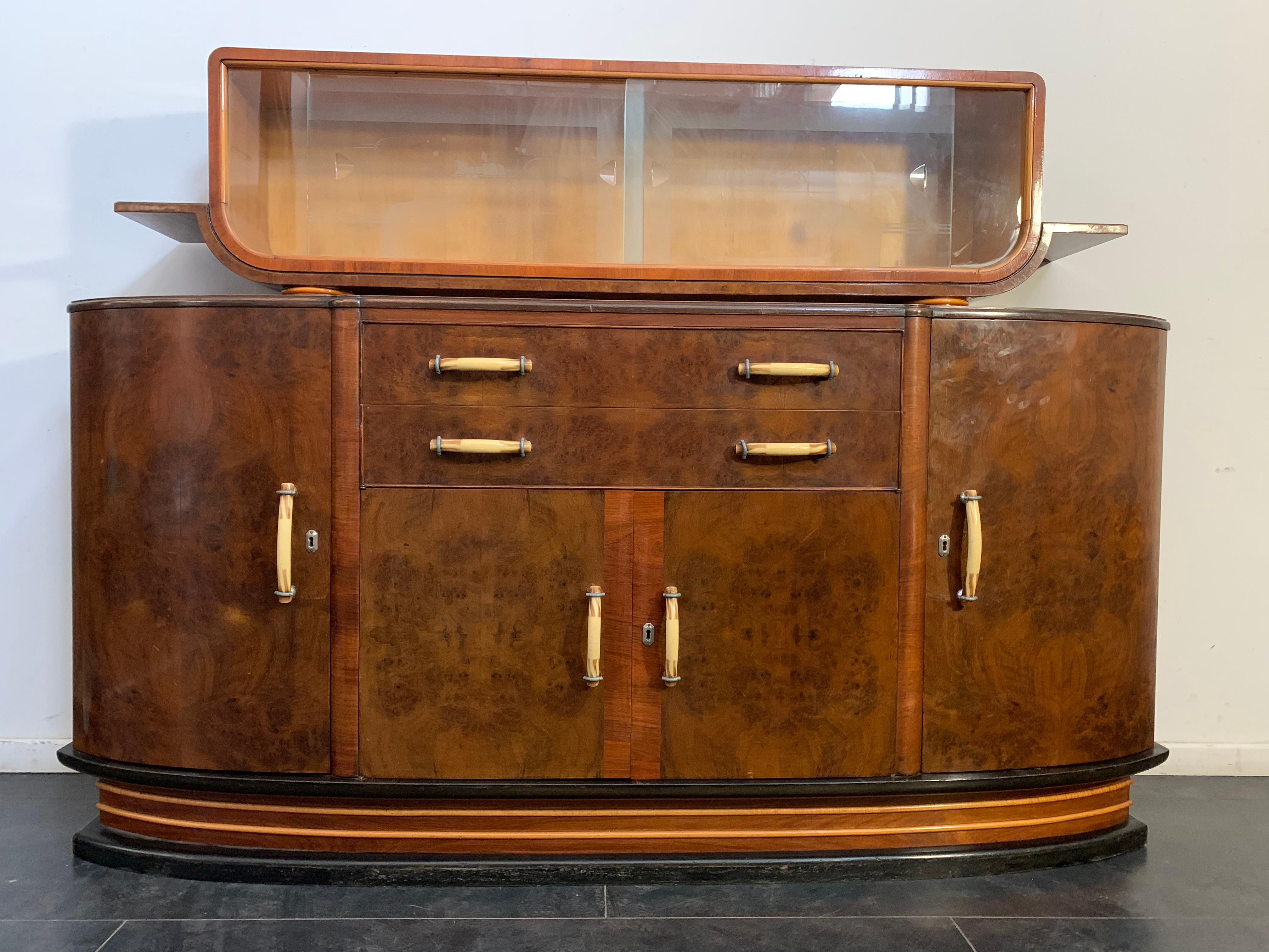 Glass Art Deco Rosewood Sideboard, 1930s For Sale