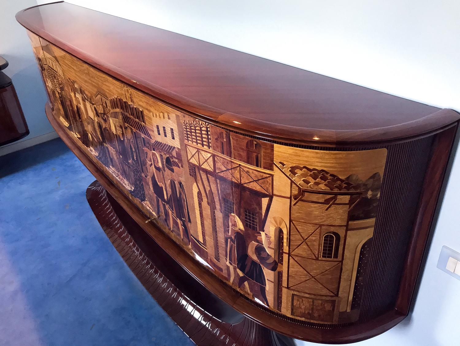 Mid-20th Century Art Deco Rosewood Sideboard by Vittorio Dassi with Big Inlaid Scene, 1950s