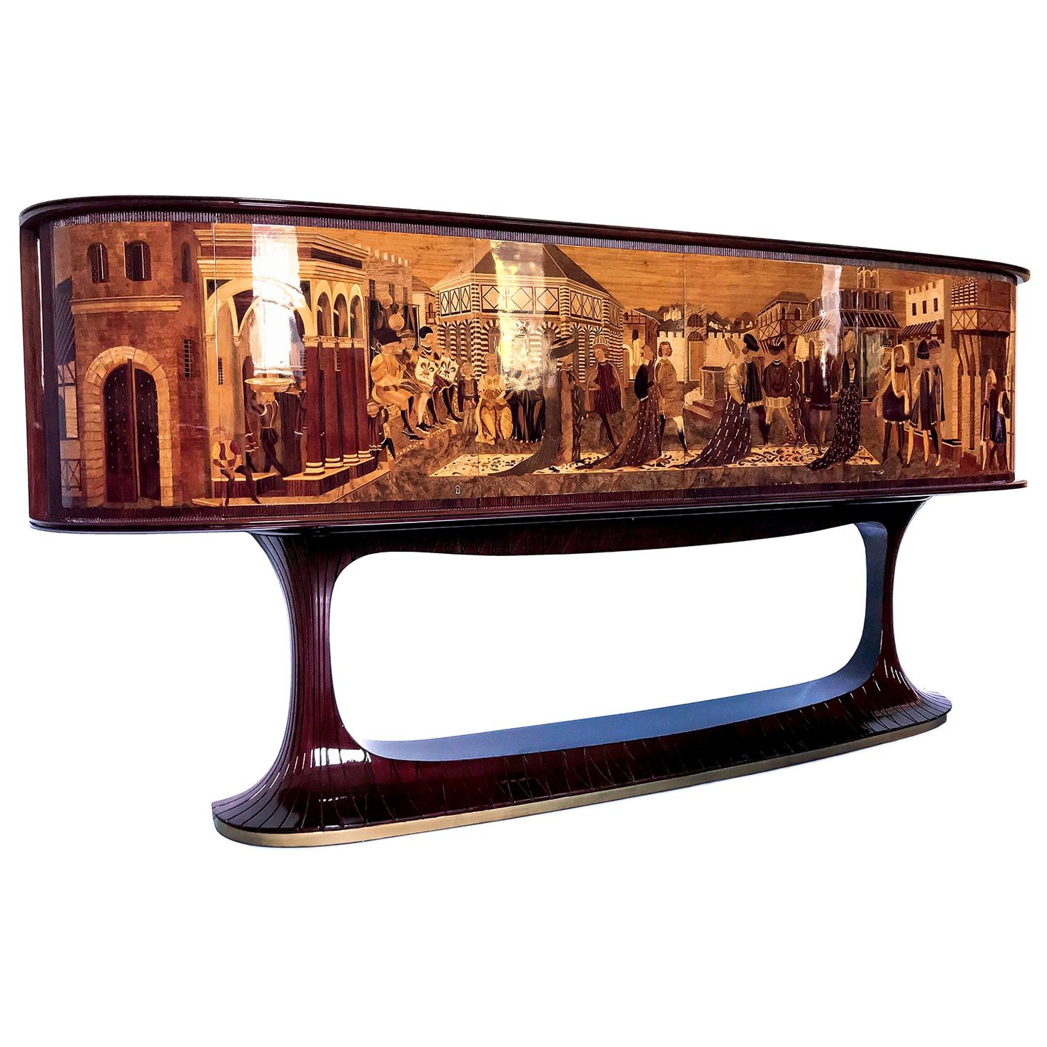 Art Deco Rosewood Sideboard by Vittorio Dassi with Big Inlaid Scene, 1950s