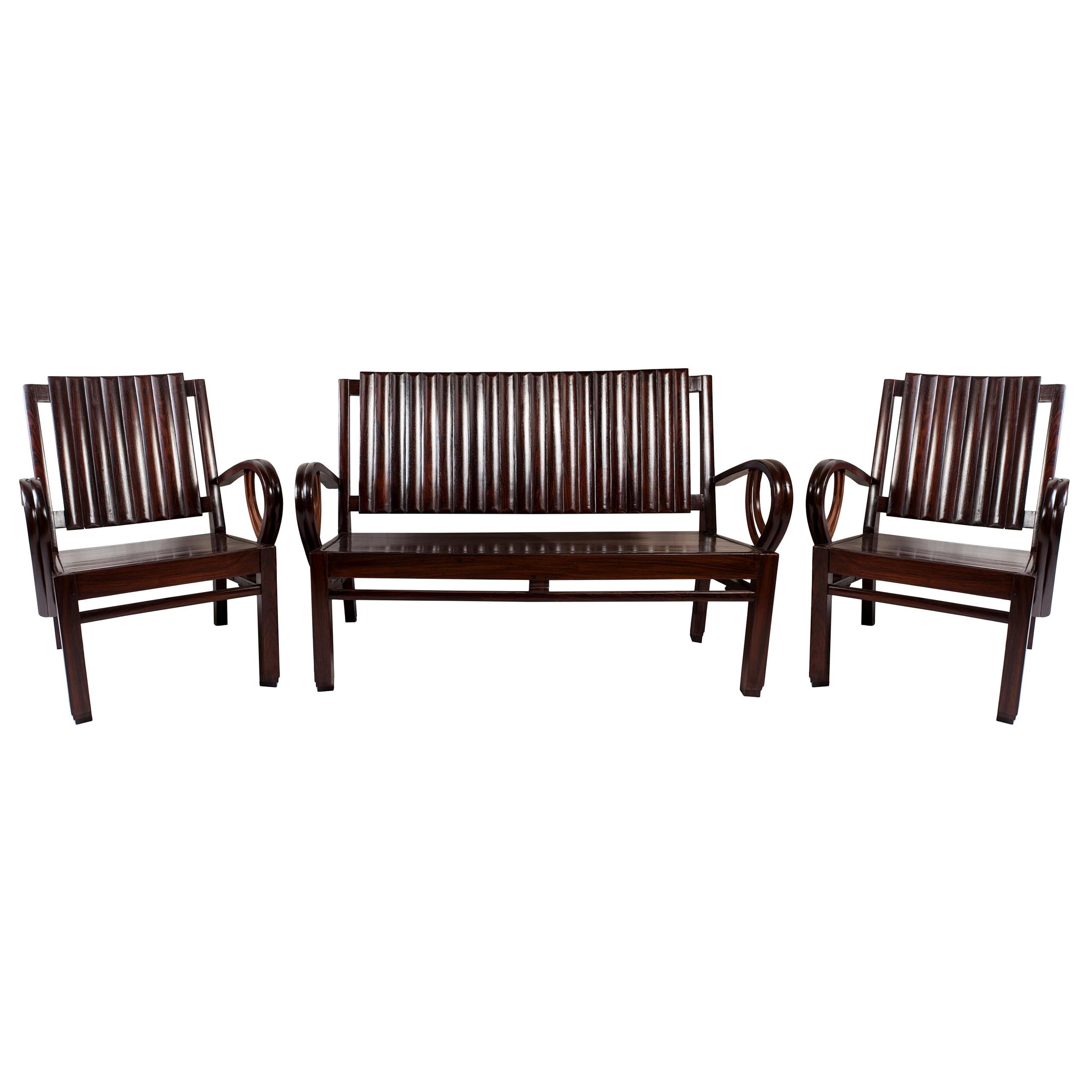 Art Deco Rosewood Living Room Set of Loveseat and Pair of Chairs with Cushions