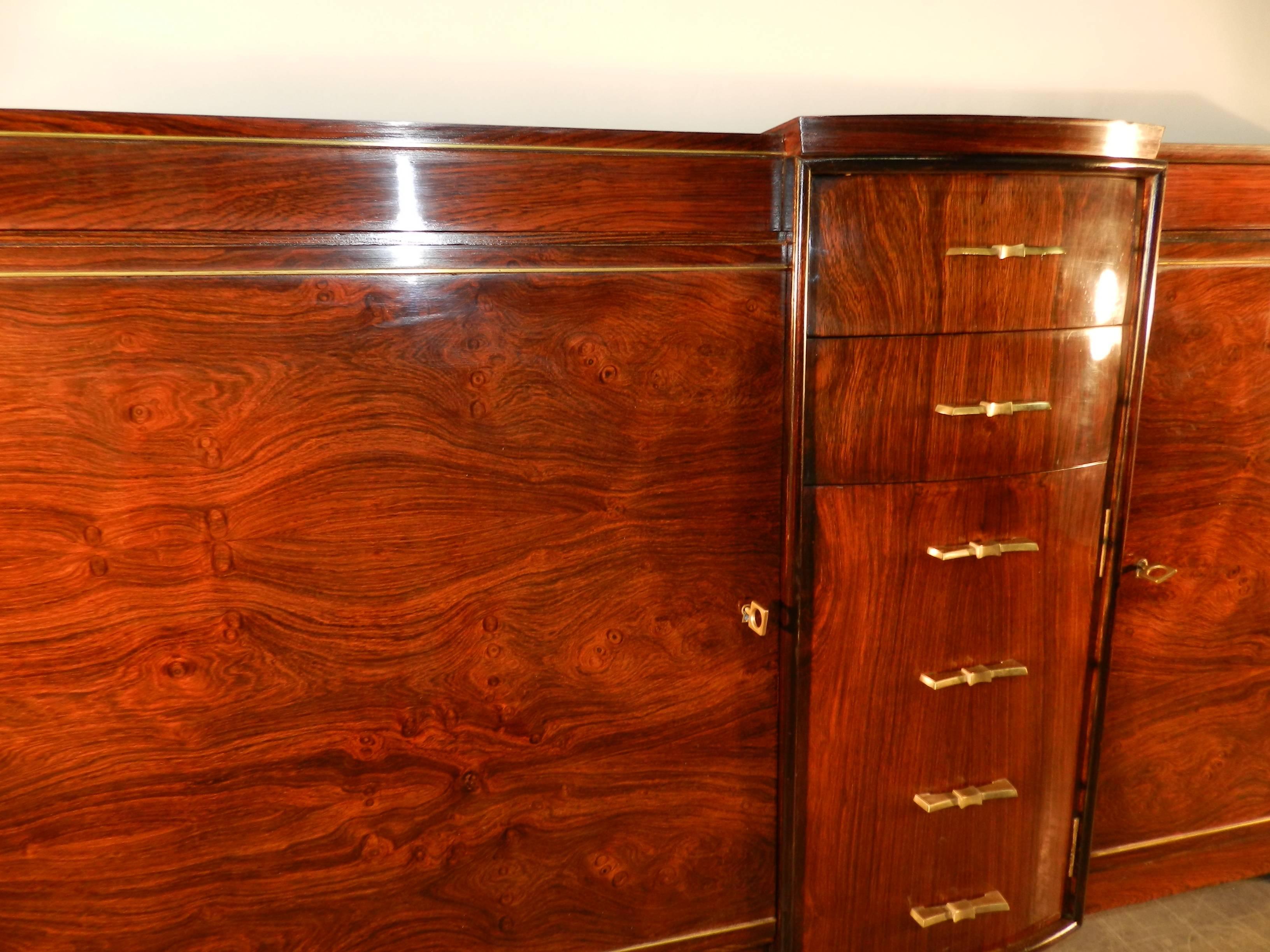 French Art Deco walnut  Veneer and Brass Sideboard, circa 1930 For Sale