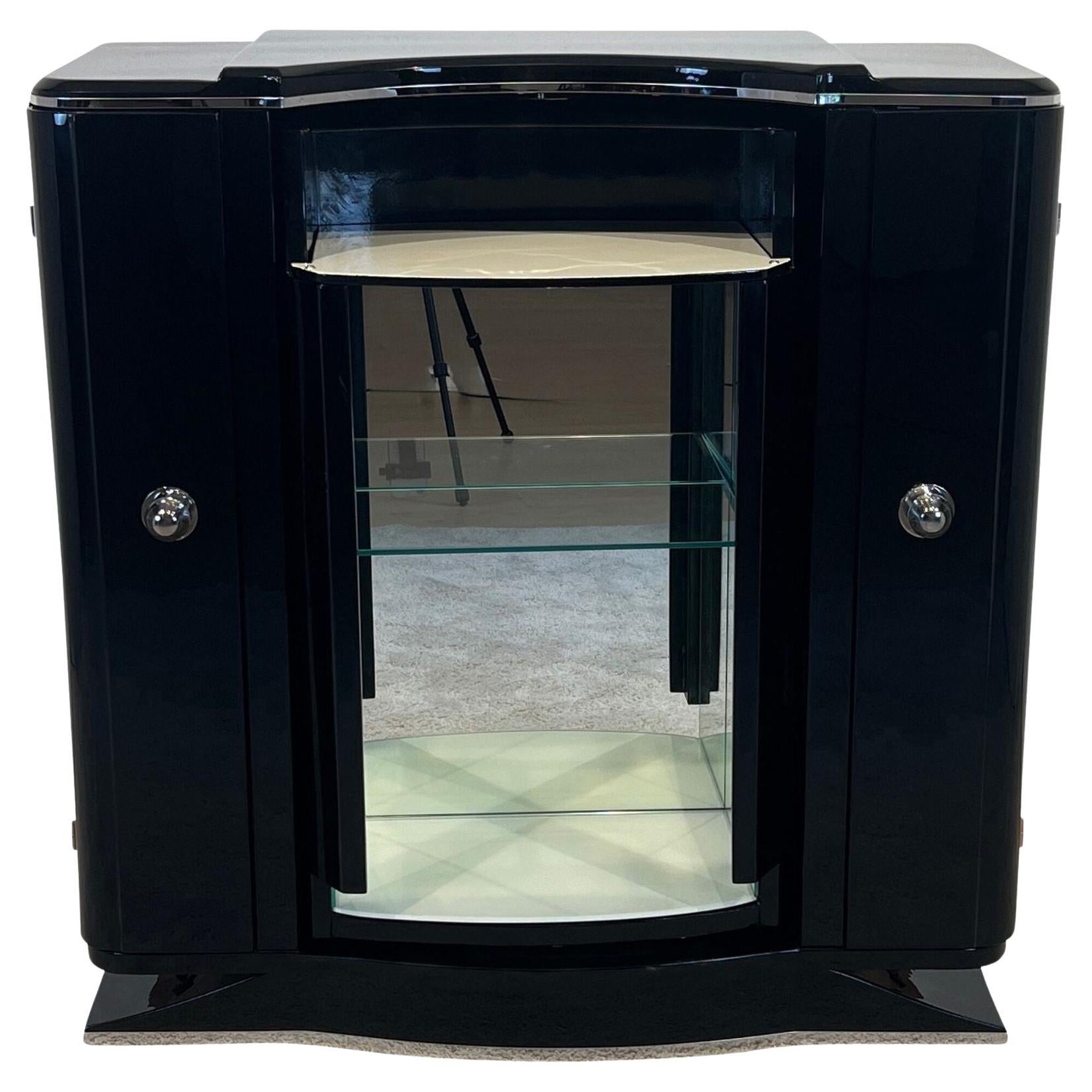 Art Deco Rotating Bar Cabinet, Black and Cream Lacquer, Walnut, France ca. 1930