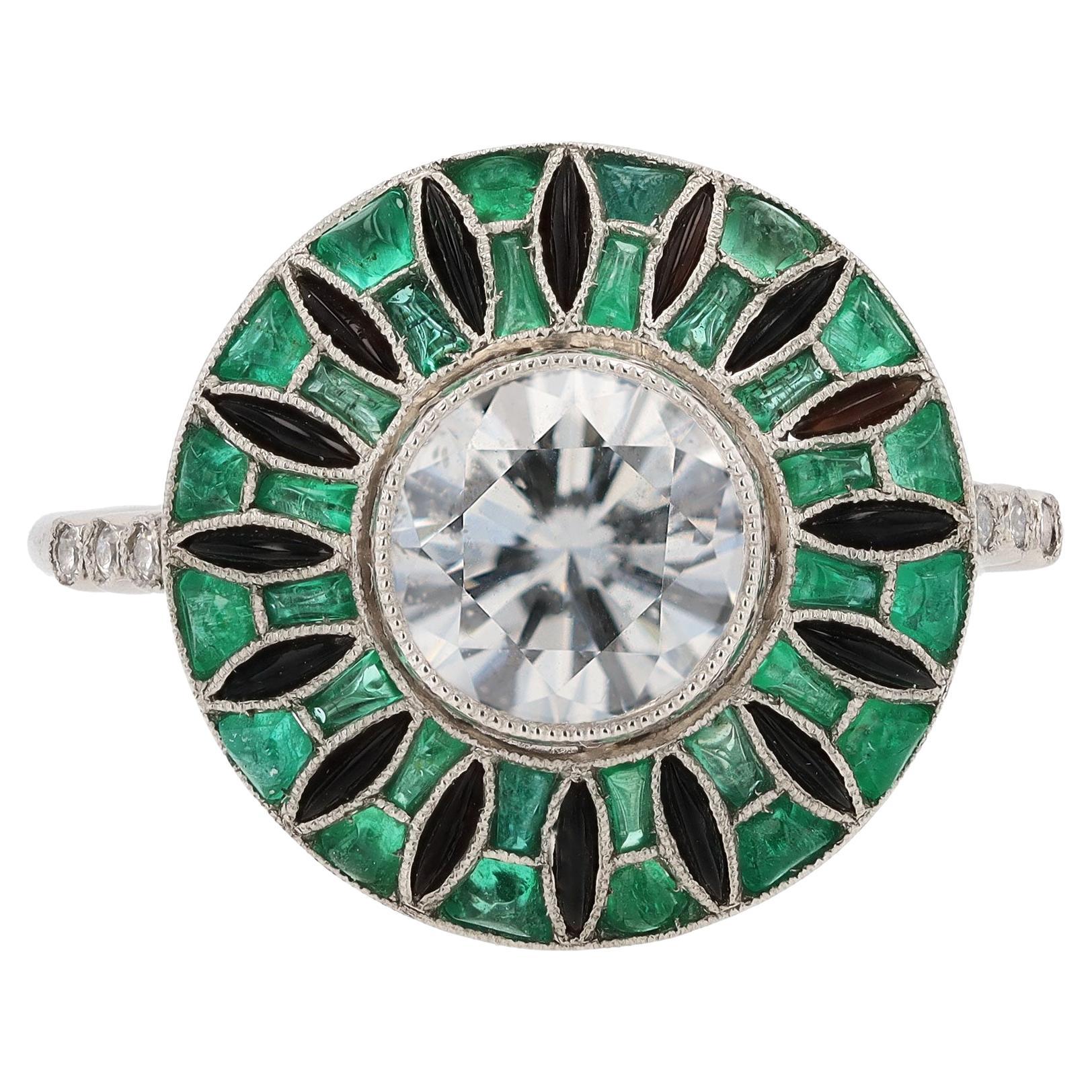 Art Deco Roulette Wheel GIA Certified Diamond Emerald & Onyx Engagement Ring For Sale
