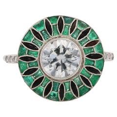 Used Art Deco Roulette Wheel GIA Certified Diamond Emerald & Onyx Engagement Ring
