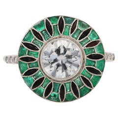 Art Deco Roulette Wheel GIA Certified Diamond Emerald & Onyx Engagement Ring