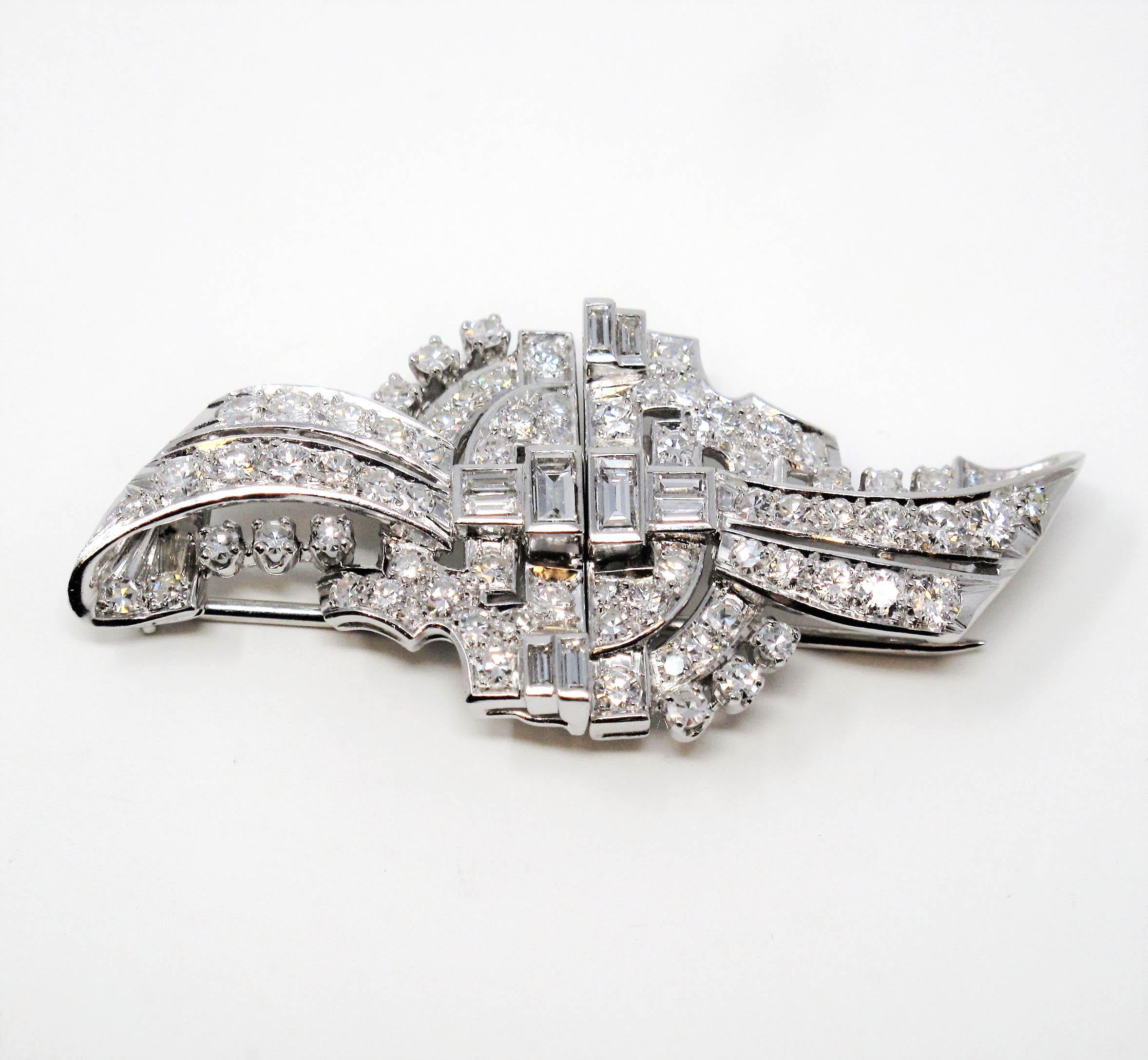Art Deco Round and Baguette 3.57 Carat Pave Diamond Clips and Brooch in Platinum 7
