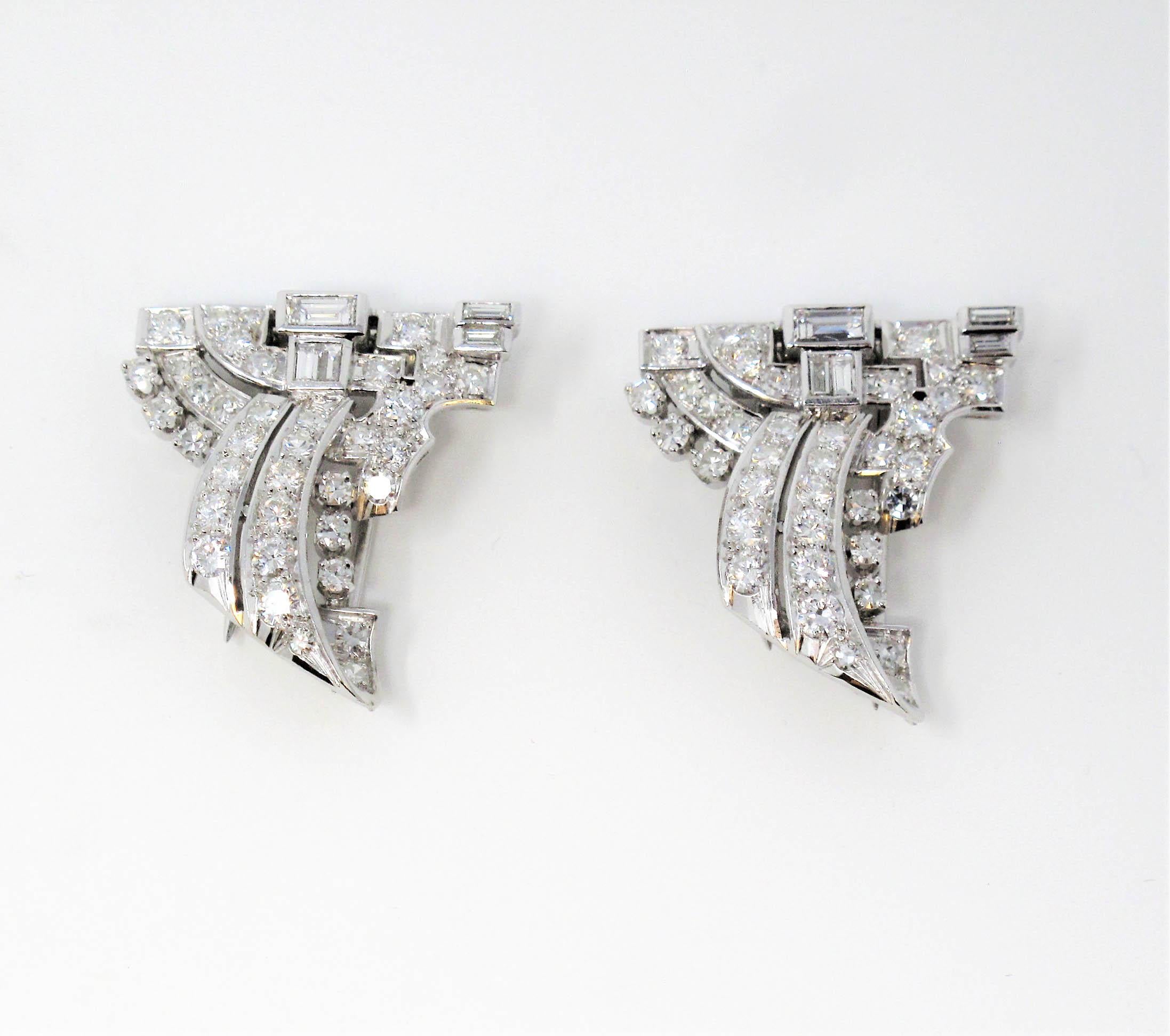 Art Deco Round and Baguette 3.57 Carat Pave Diamond Clips and Brooch in Platinum In Good Condition In Scottsdale, AZ