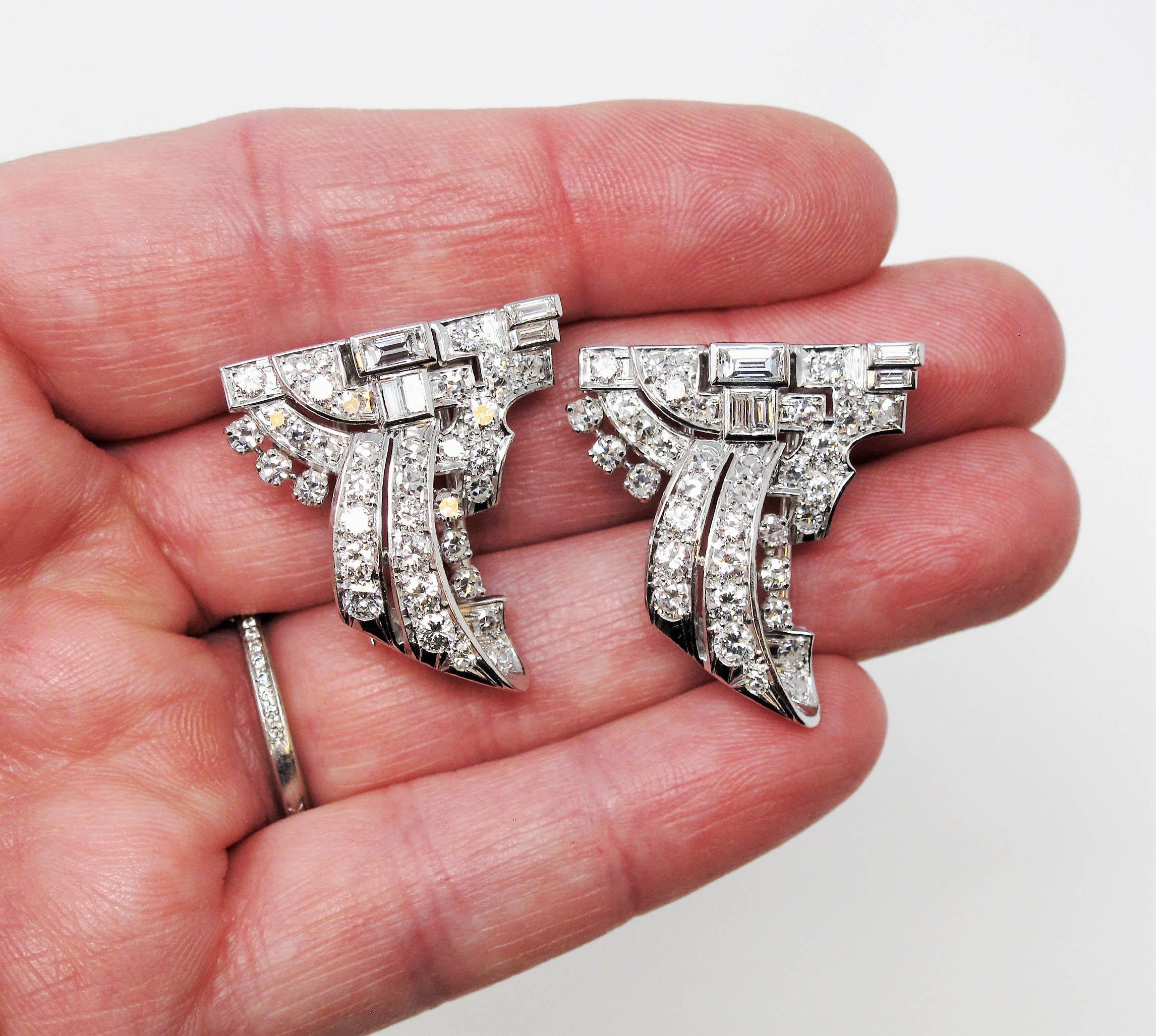 Women's Art Deco Round and Baguette 3.57 Carat Pave Diamond Clips and Brooch in Platinum