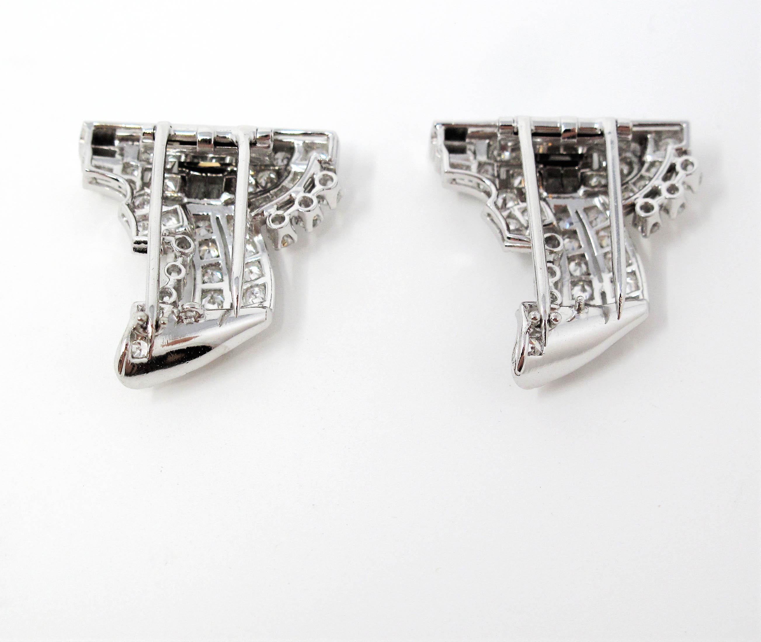 Art Deco Round and Baguette 3.57 Carat Pave Diamond Clips and Brooch in Platinum 3