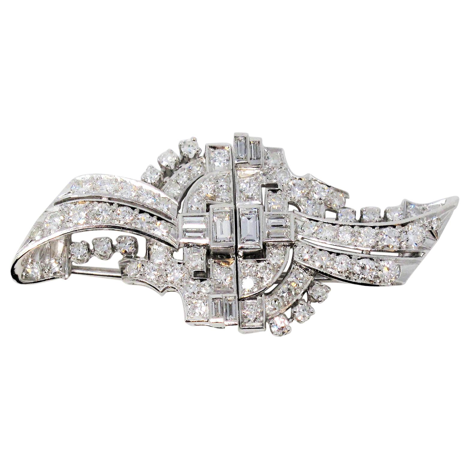 Round Cut Art Deco Round and Baguette 3.57 Carat Pave Diamond Clips and Brooch in Platinum