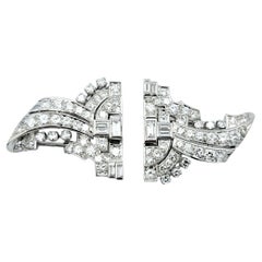 Art Deco Round and Baguette 3.57 Carat Pave Diamond Clips and Brooch in Platinum