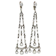 Art Deco Round and Baguette Diamond Platinum Antique Chandelier Drop Earrings