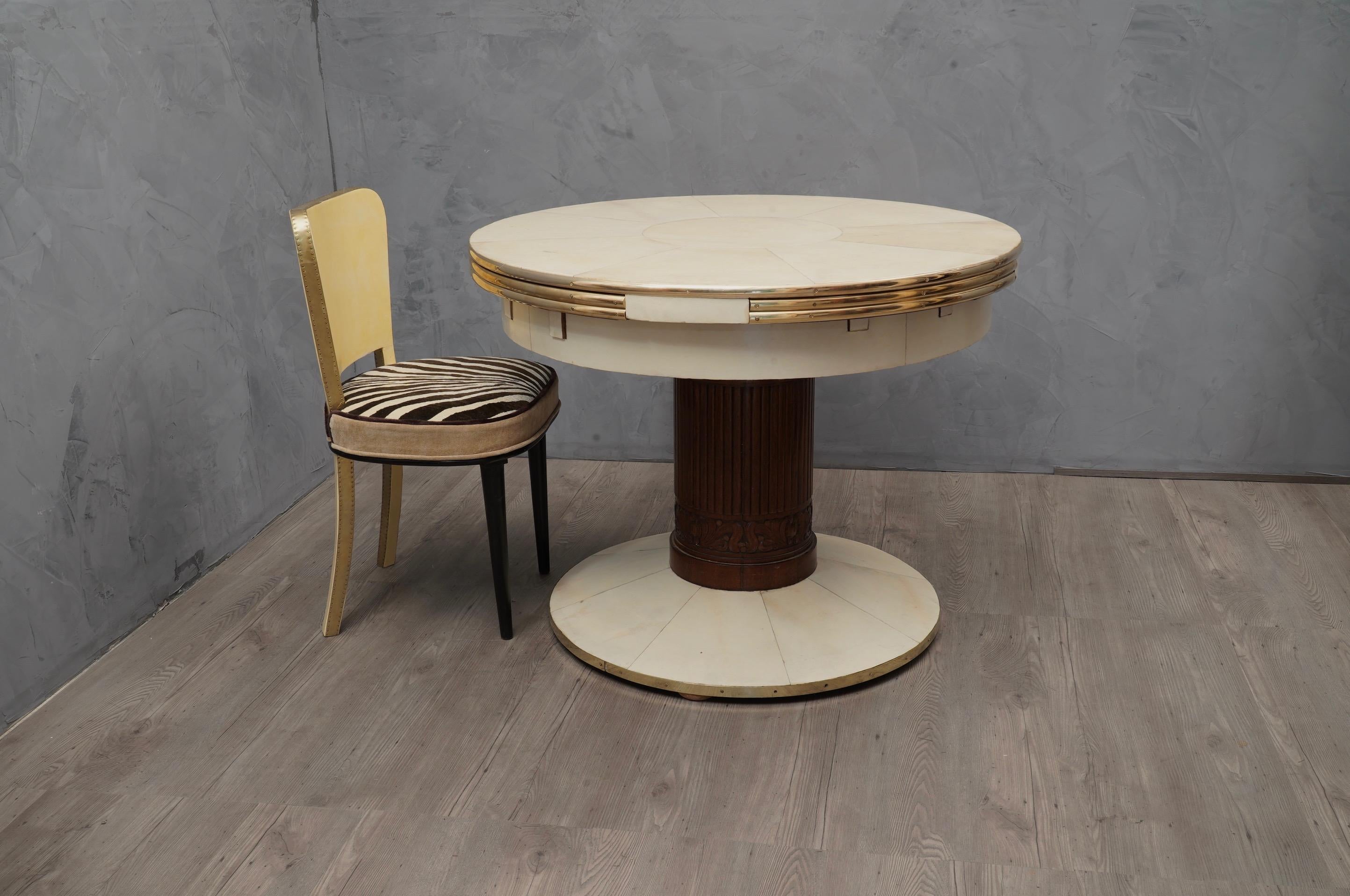Art Deco Round Ash Brass and Goatskin Openable Table, 1920 5