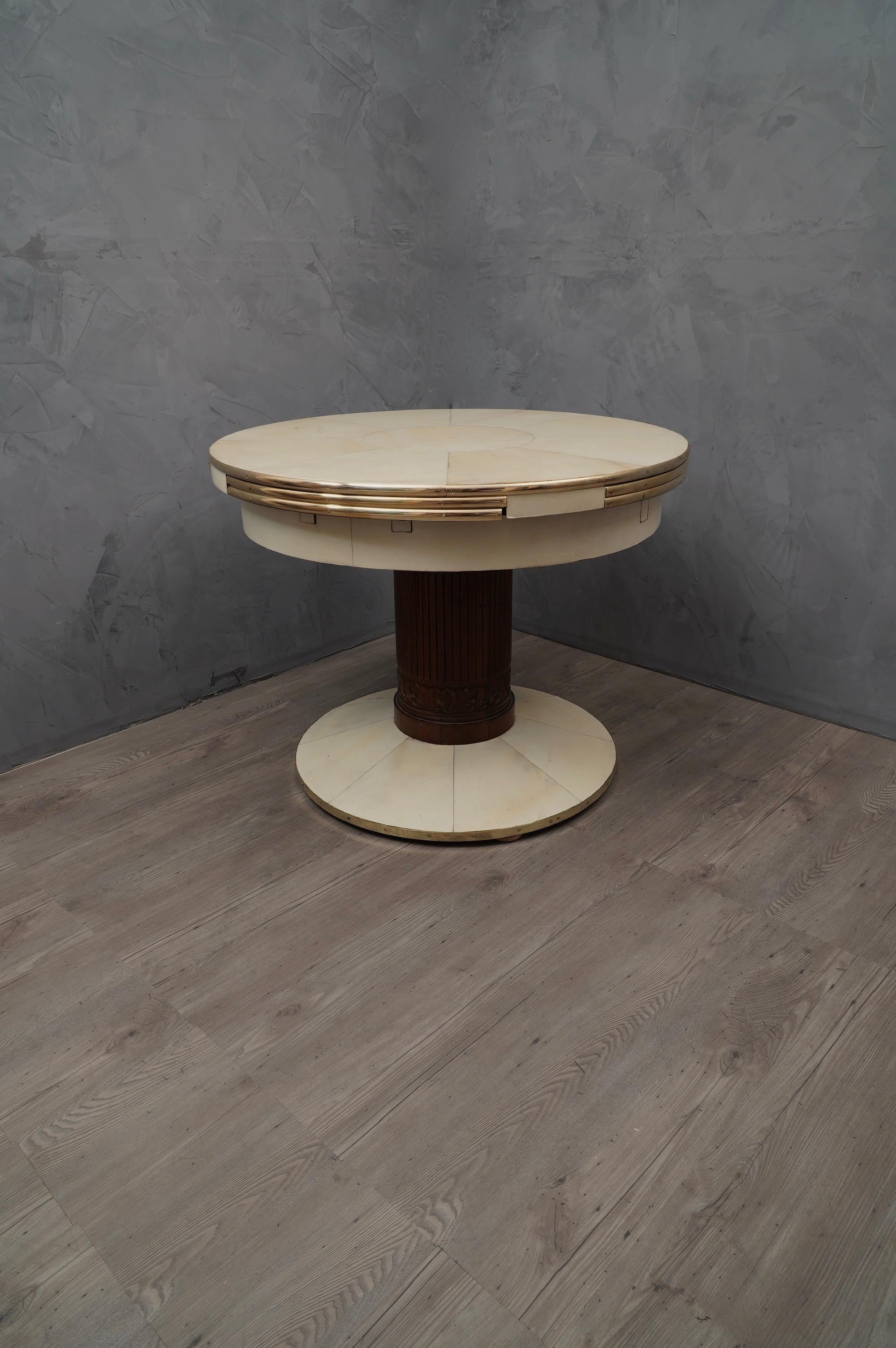 Art Deco Round Ash Brass and Goatskin Openable Table, 1920 9