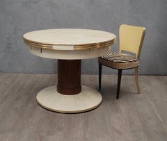 Art Deco Round Ash Brass and Goatskin Openable Table, 1920