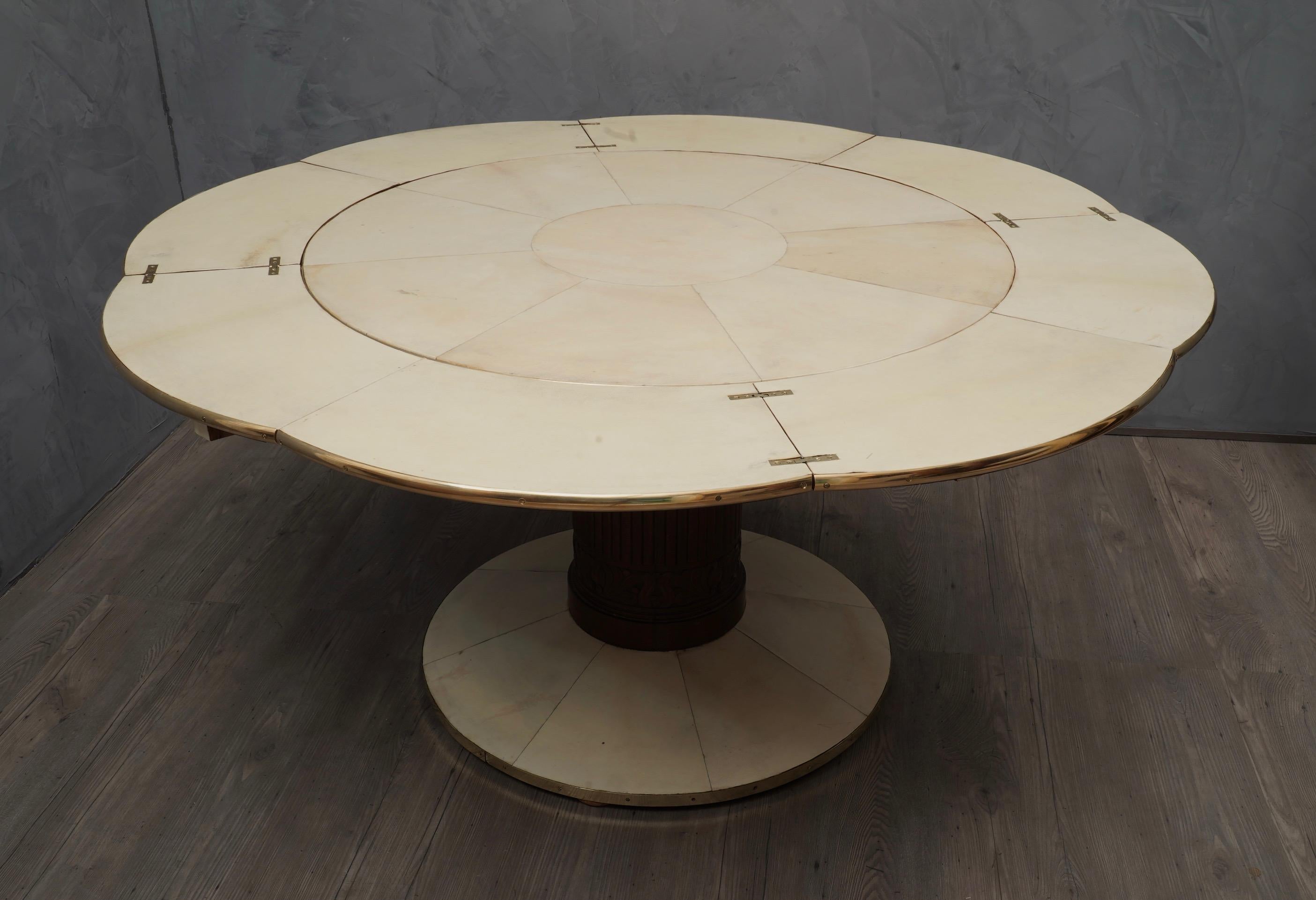 Early 20th Century Art Deco Round Ash Brass and Goatskin Openable Table, 1920