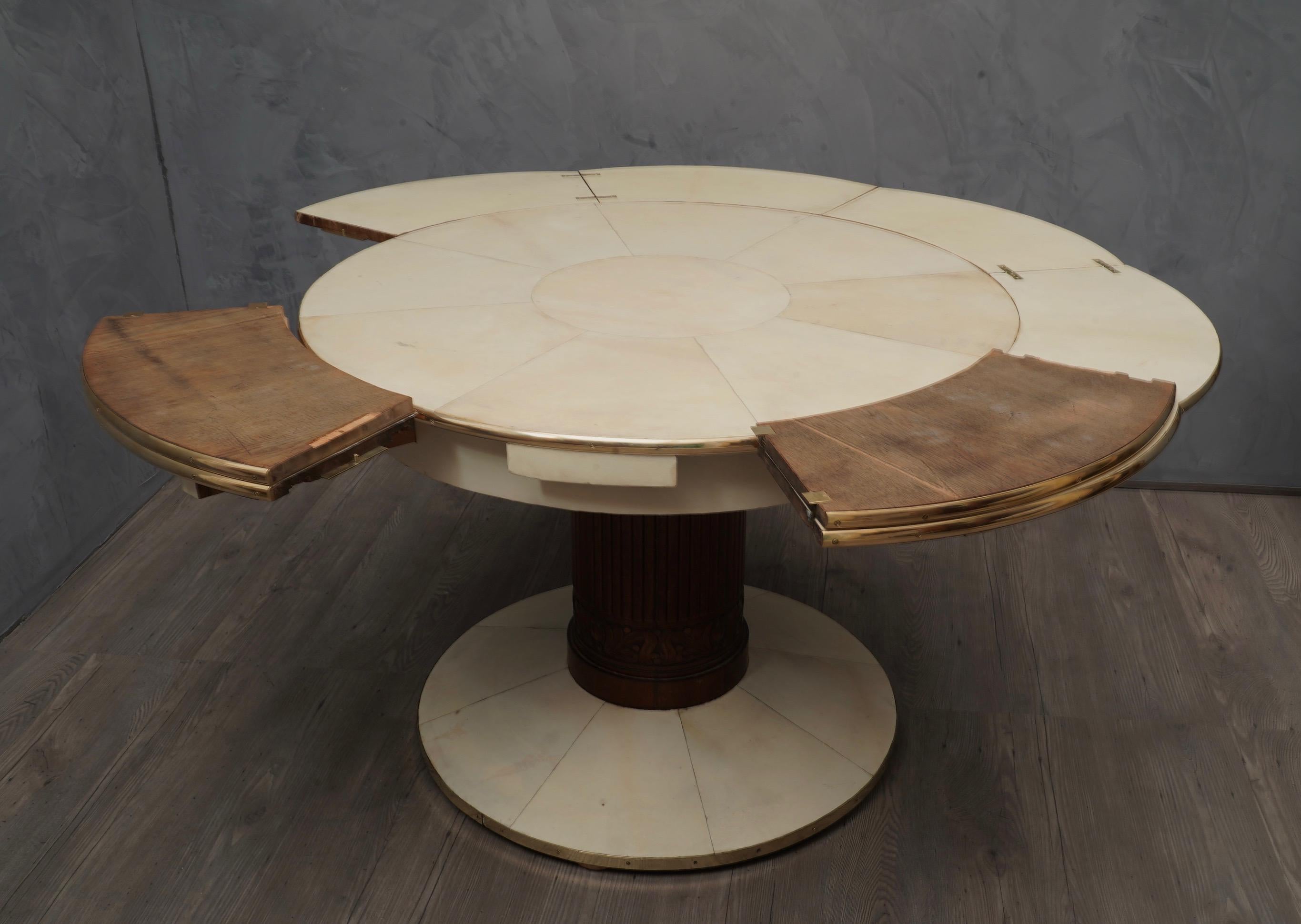 Art Deco Round Ash Brass and Goatskin Openable Table, 1920 3