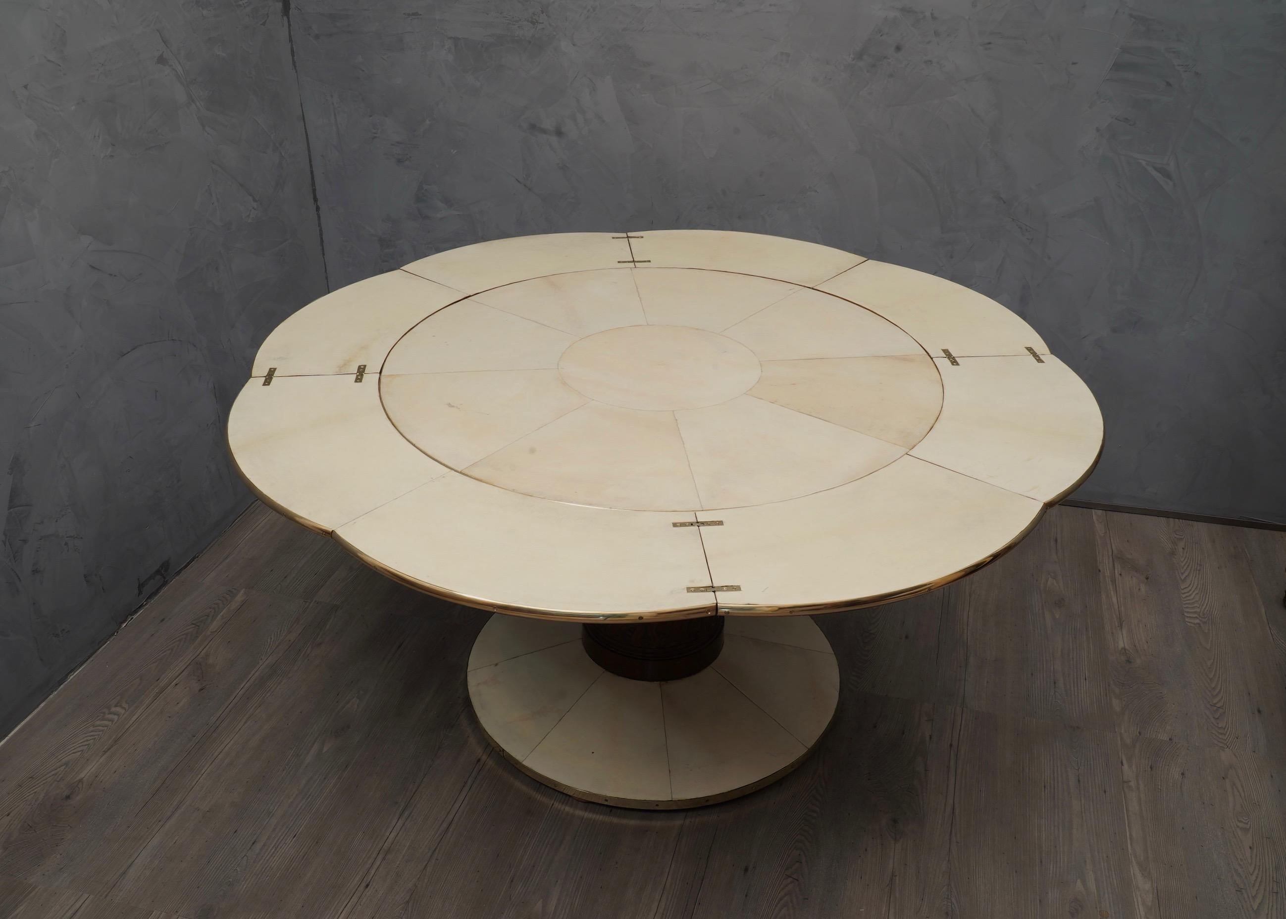 Art Deco Round Ash Brass and Goatskin Openable Table, 1920 4