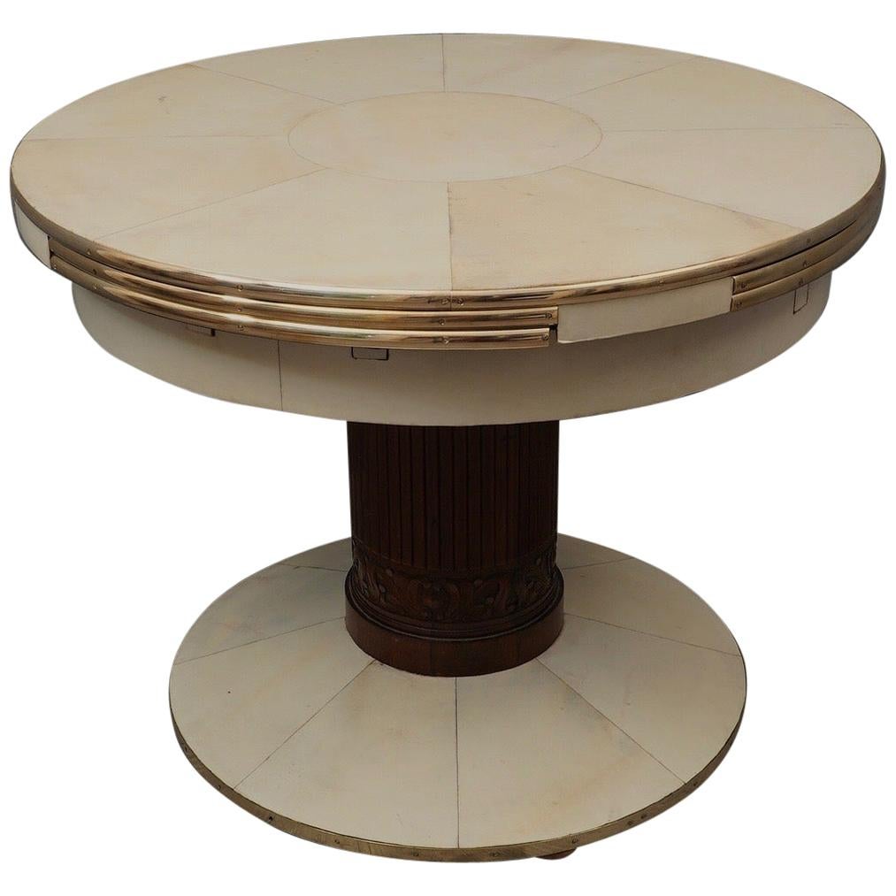 Art Deco Round Ash Brass and Goatskin Openable Table, 1920