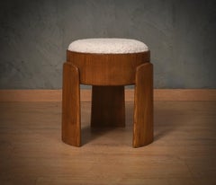 Art Deco Round Ash Wood and White Boucle Pouf and Ottoman Seat, 1990