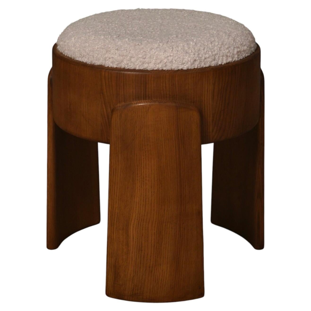 Art Deco Round Ash Wood and White Boucle Pouf and Ottoman Seat, 1990 For Sale