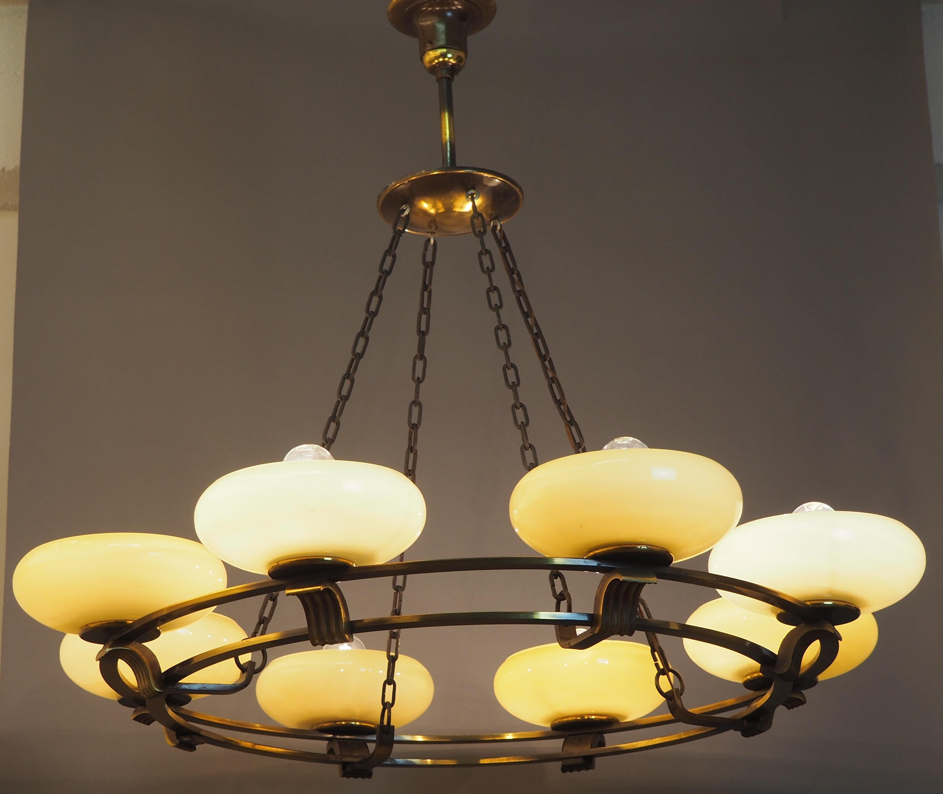 Mid-20th Century Art Deco Round Brass and Opal Glass Chandelier, Attributed to Kaiser, Germany For Sale