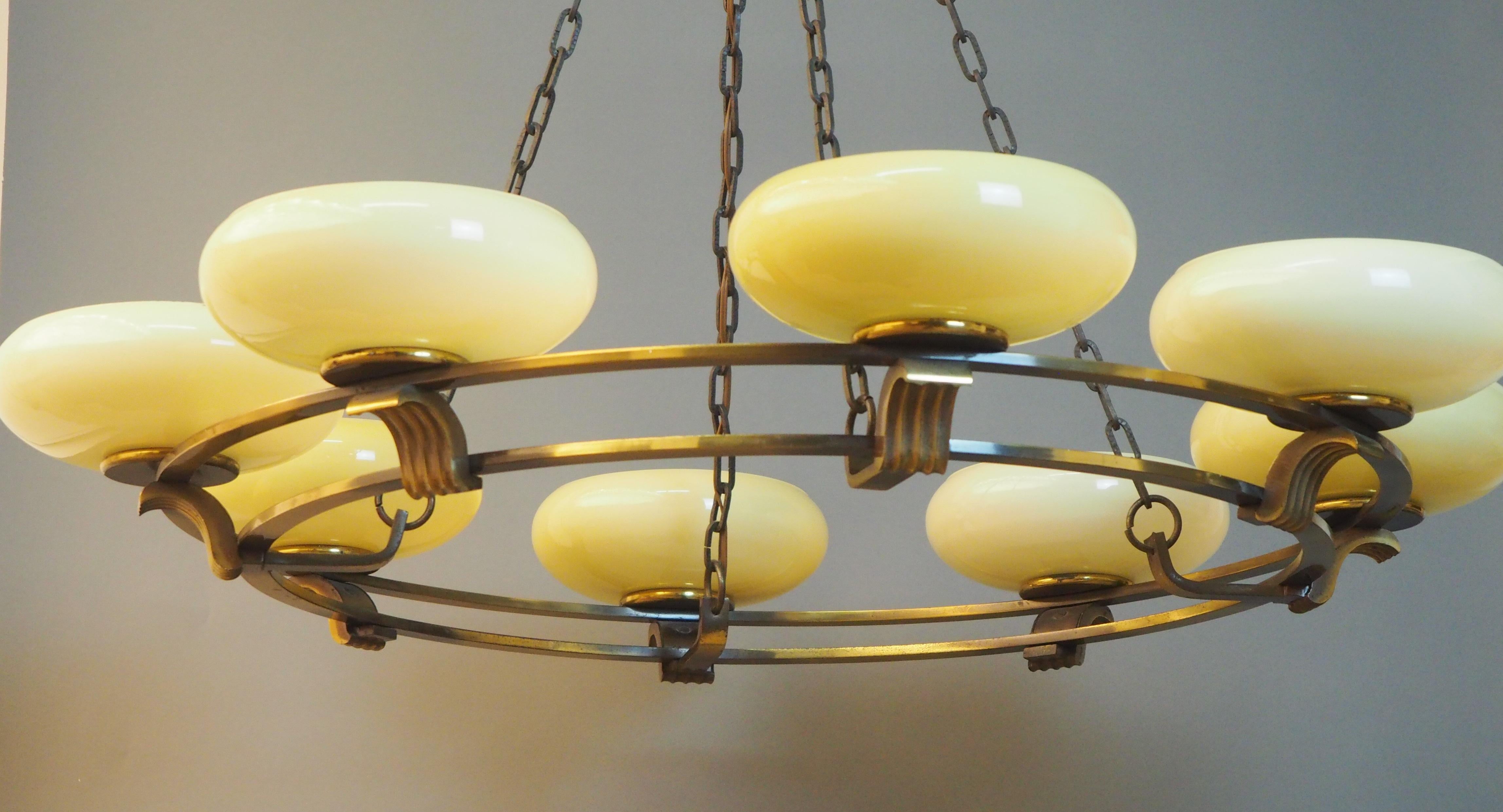 Art Deco Round Brass and Opal Glass Chandelier, Attributed to Kaiser, Germany For Sale 1
