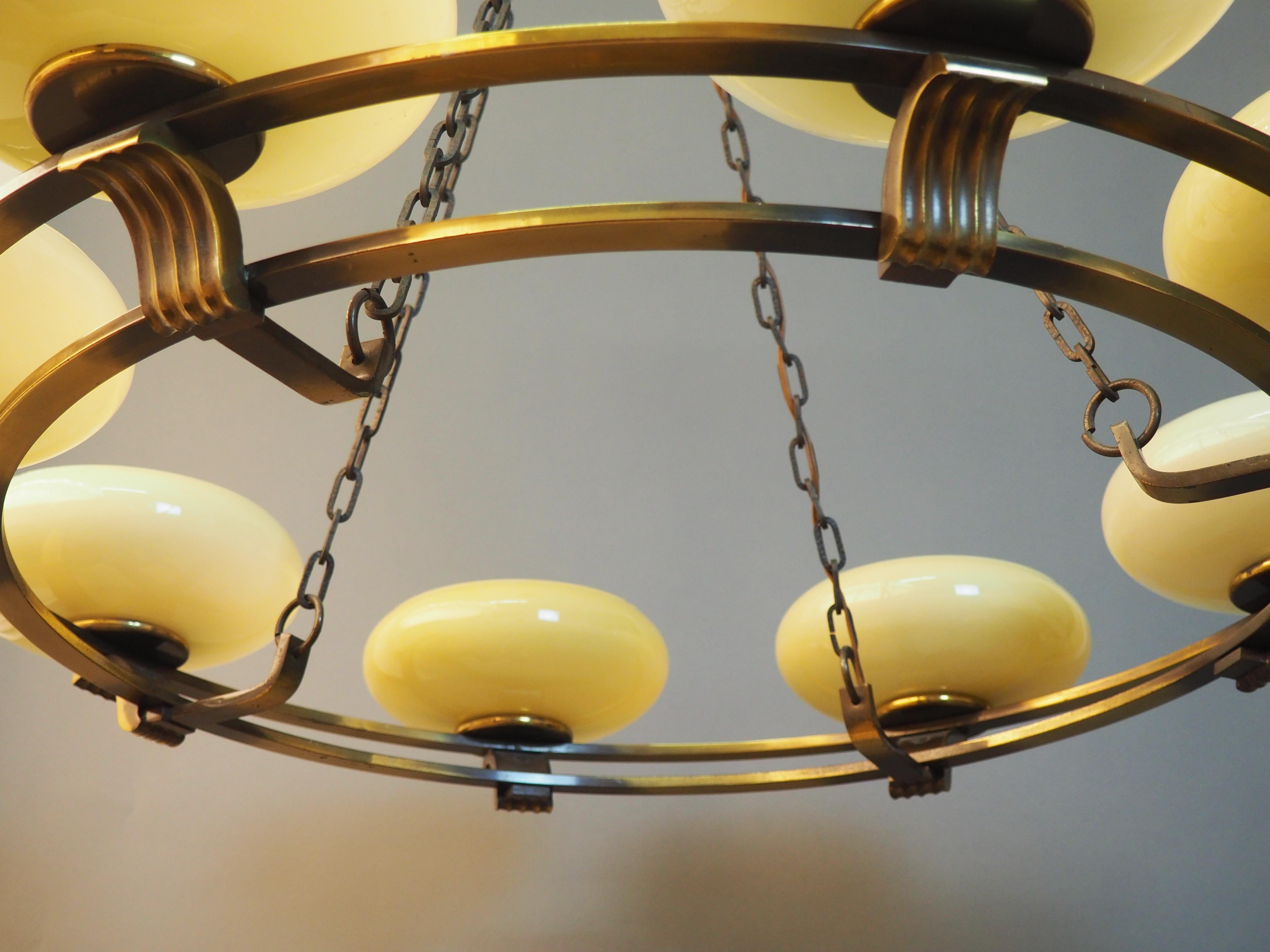 Art Deco Round Brass and Opal Glass Chandelier, Attributed to Kaiser, Germany For Sale 3