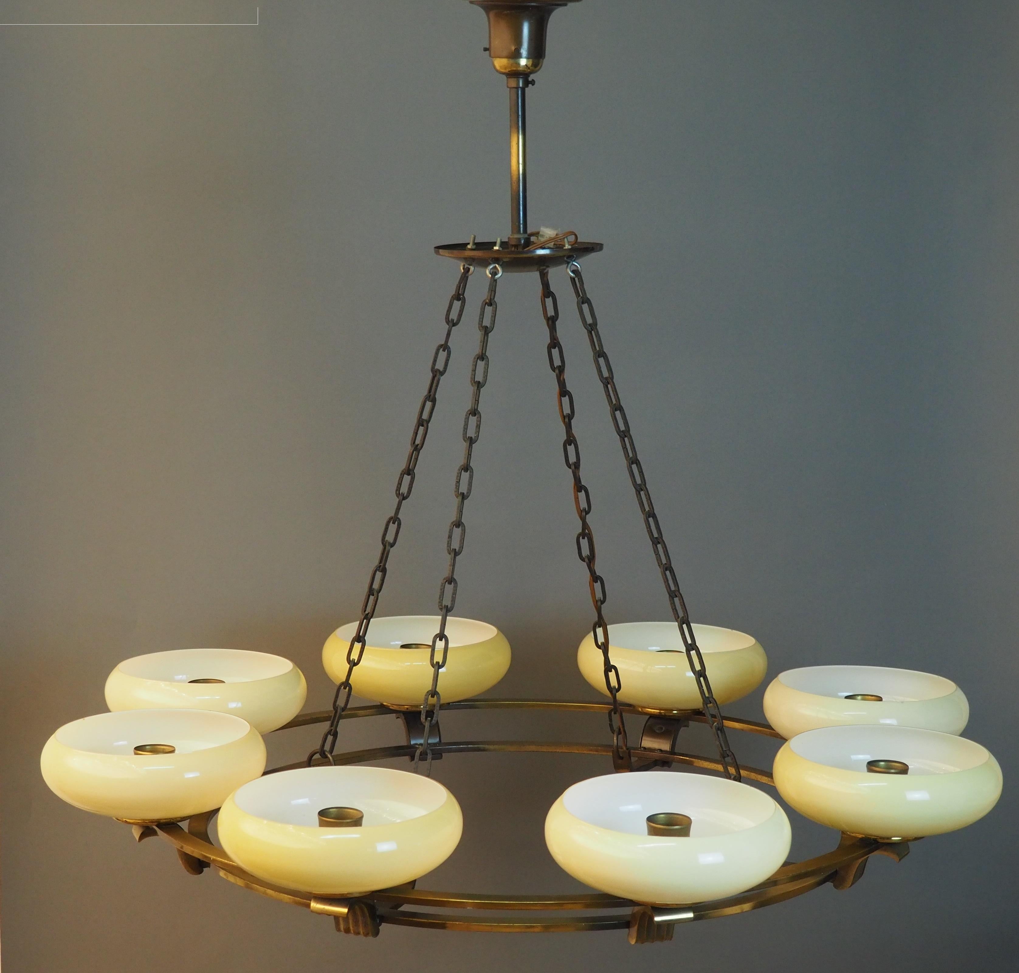 Art Deco Round Brass and Opal Glass Chandelier, Attributed to Kaiser, Germany For Sale 5