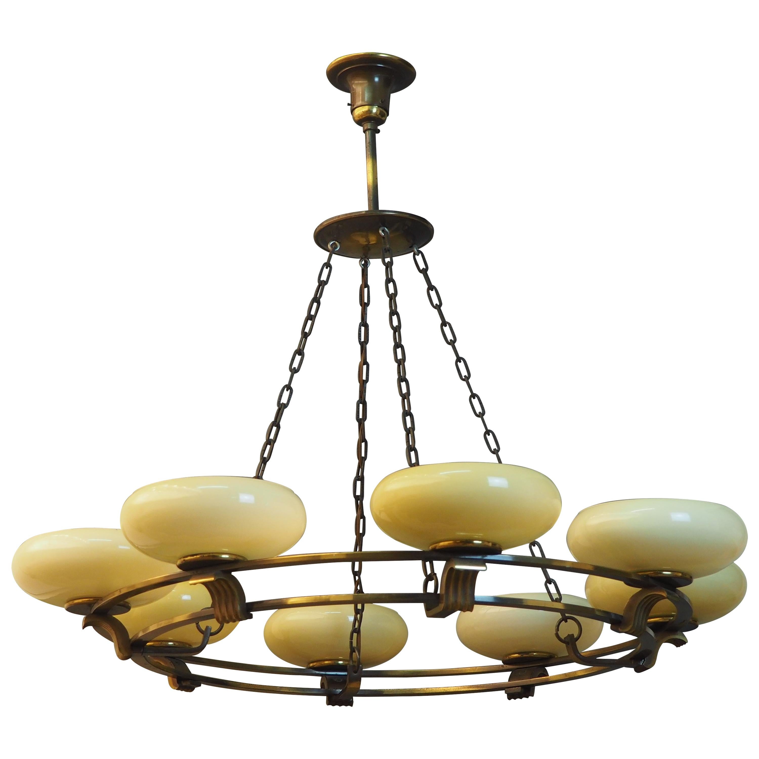 Art Deco Round Brass and Opal Glass Chandelier, Attributed to Kaiser, Germany For Sale