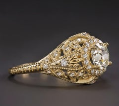 Art Deco Round Brilliant Cut Diamond Filigree Design Yellow Gold Ring