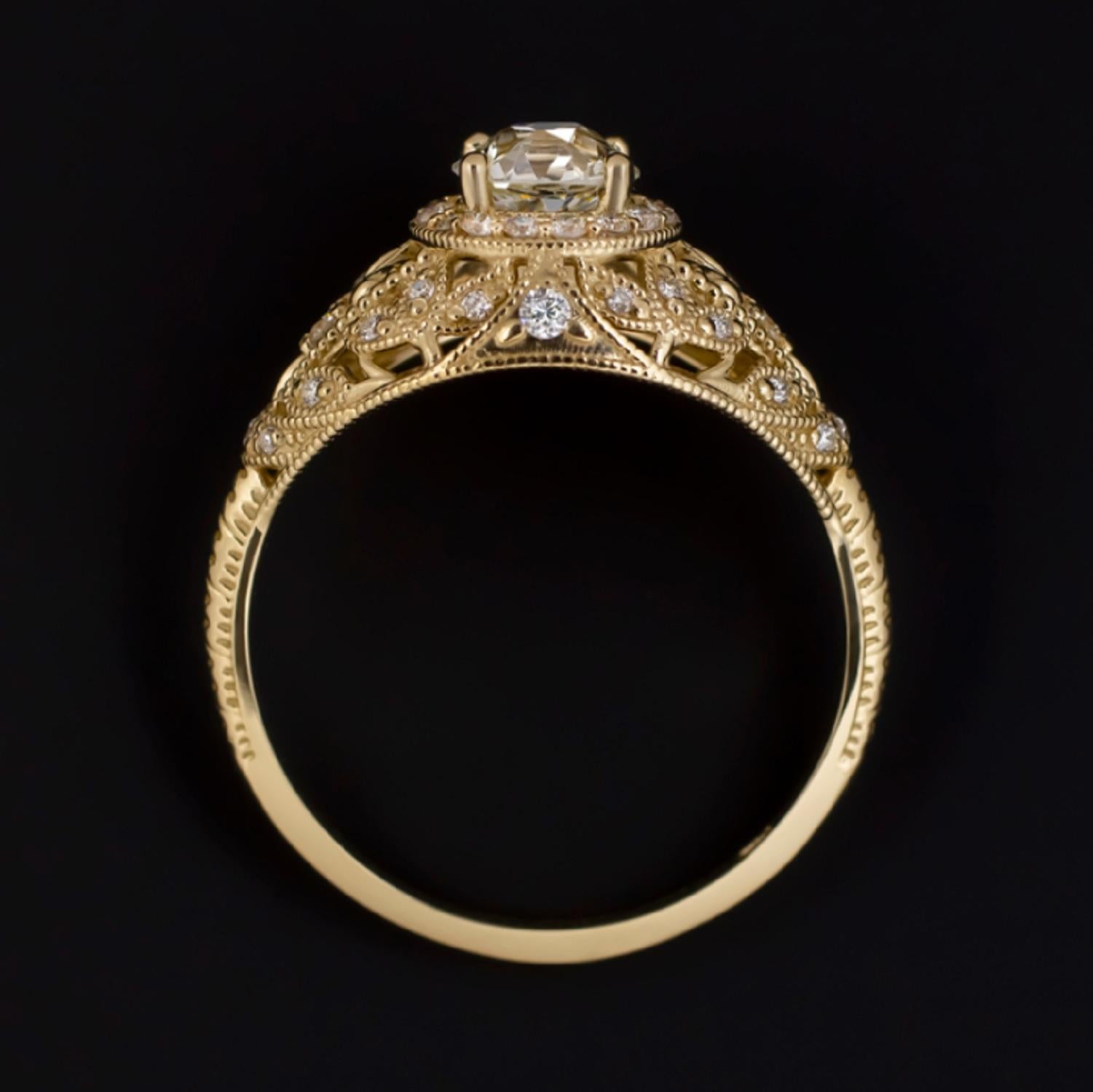 Old European Cut Art Deco Round Brilliant Cut Diamond Filigree Design Yellow Gold Ring