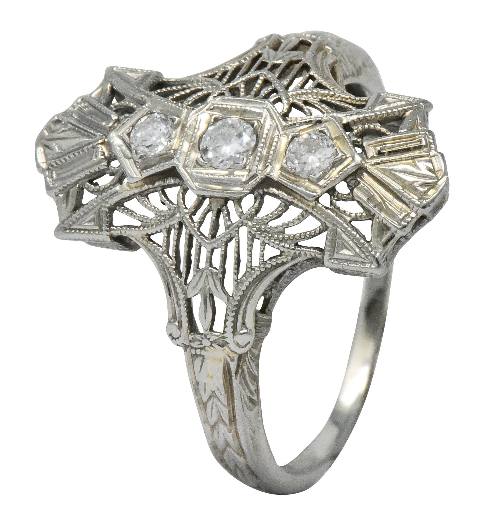 Art Deco Round Brilliant Diamond 18 Karat White Gold Dinner Ring 3
