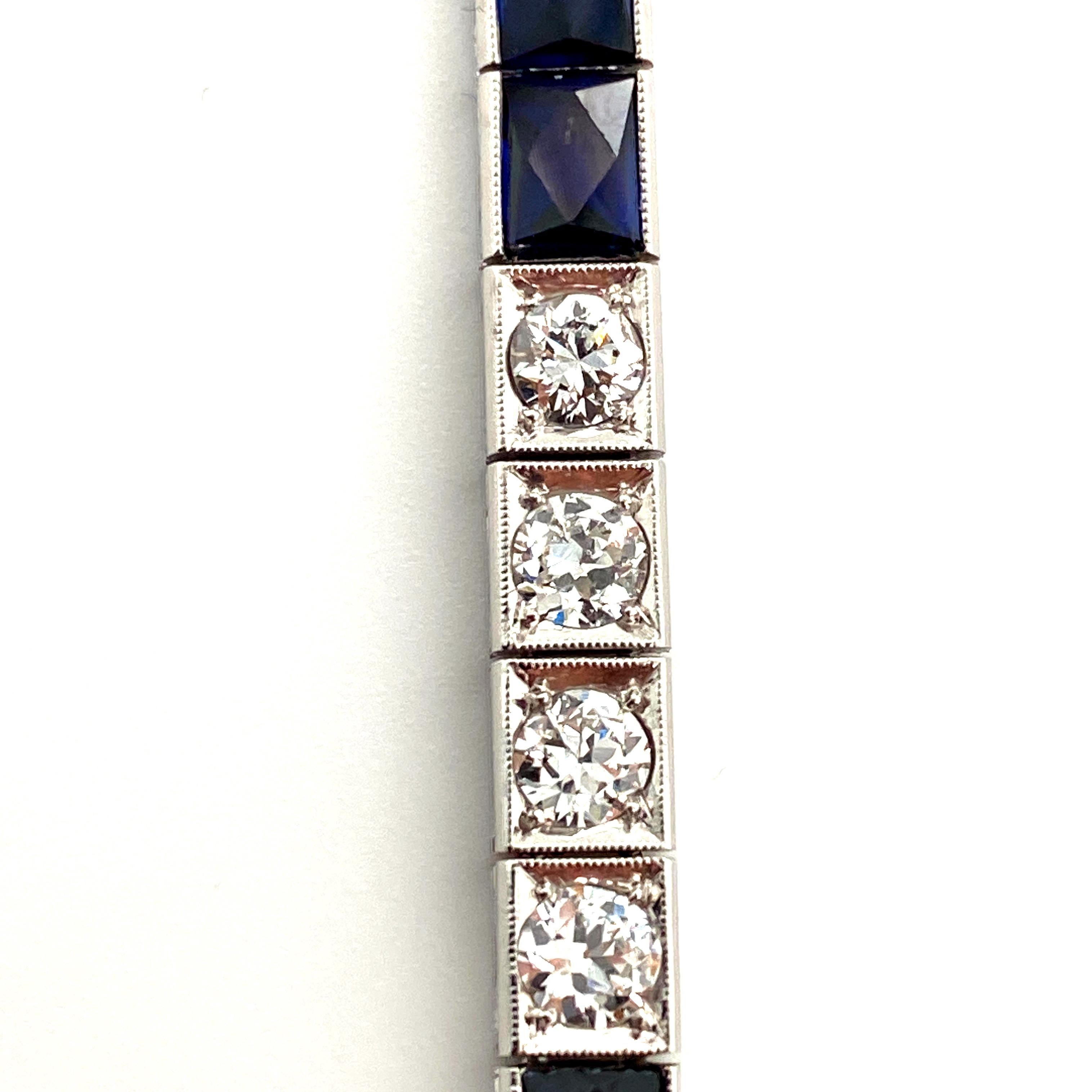 Round Cut Art Deco Round Brilliant Diamond and Synthetic Sapphire Line Bracelet For Sale