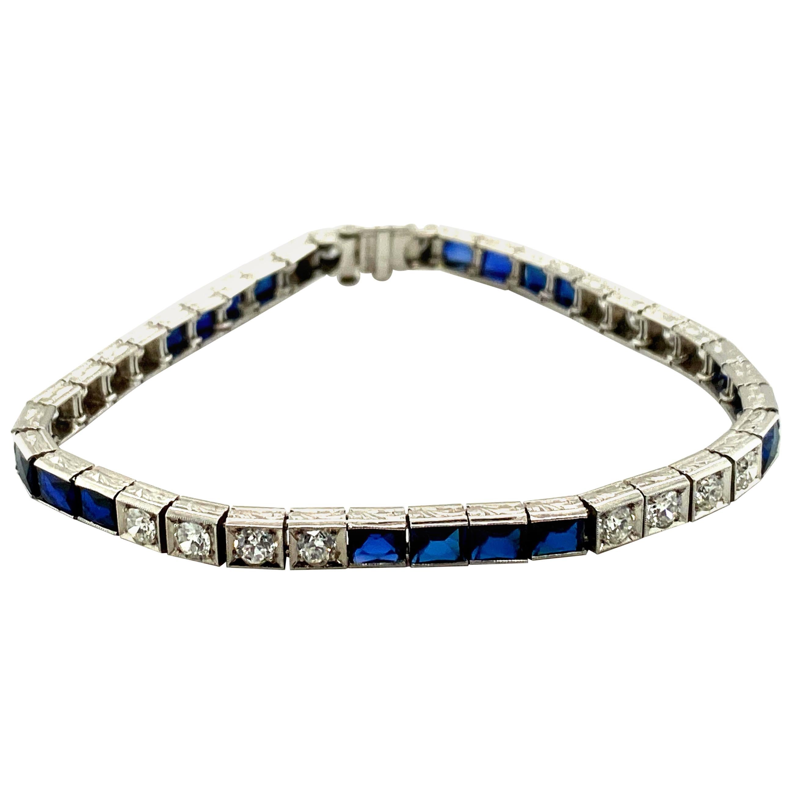 Art Deco Round Brilliant Diamond and Synthetic Sapphire Line Bracelet For Sale