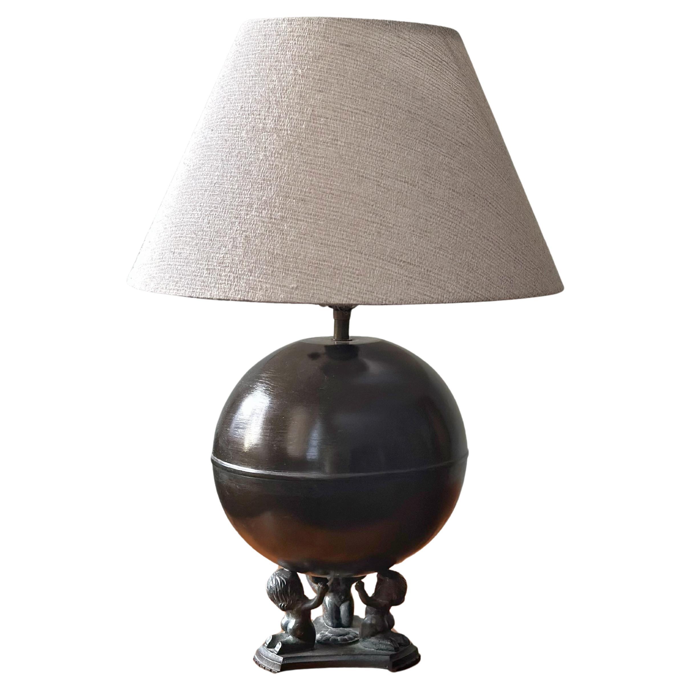 Art Deco Round Bronze Table Lamp, Äkta Brons Svensk Vara, Sweden 1930s.