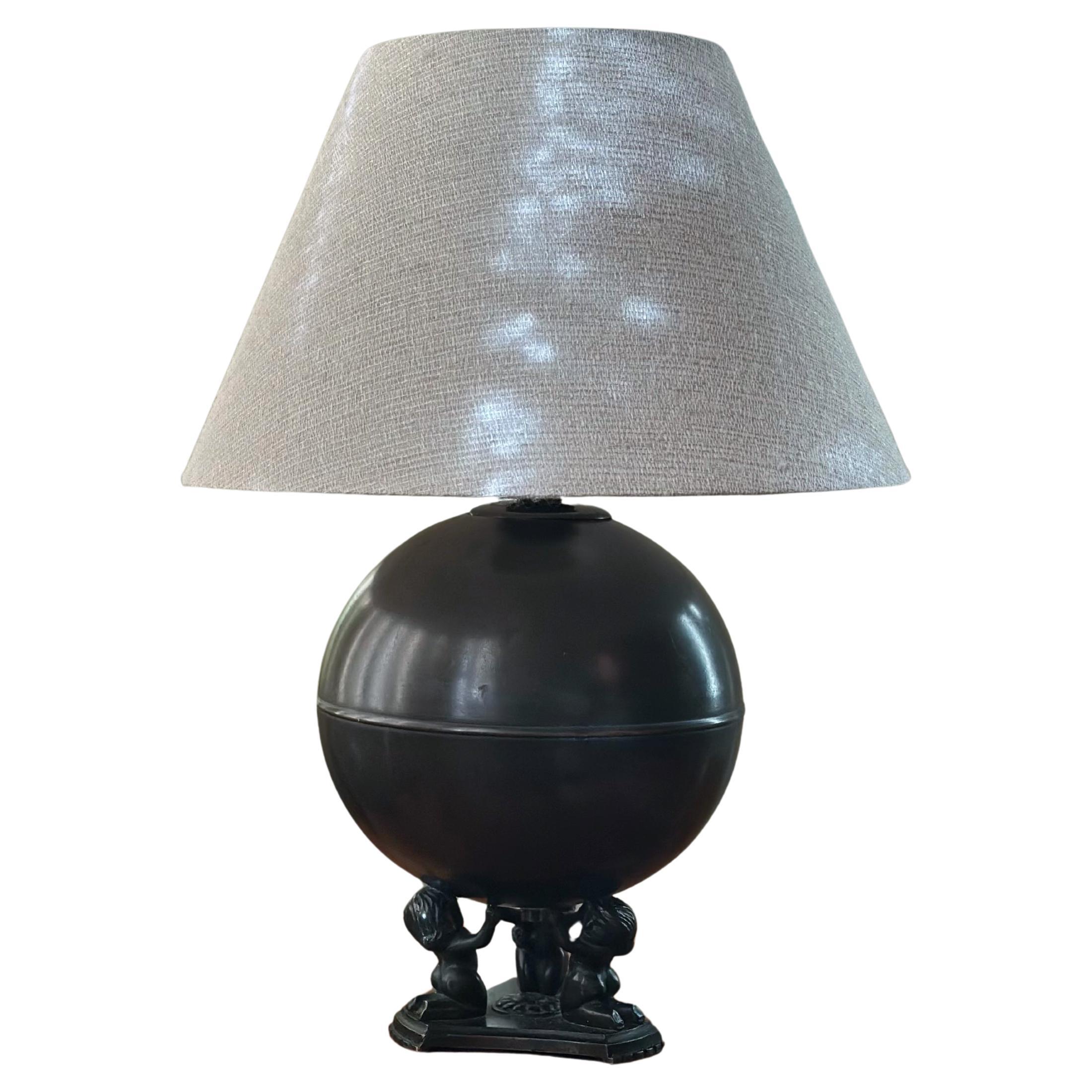 Art Deco Round Bronze Table Lamp by Swedish Äkta Brons Svensk Vara, 1930s