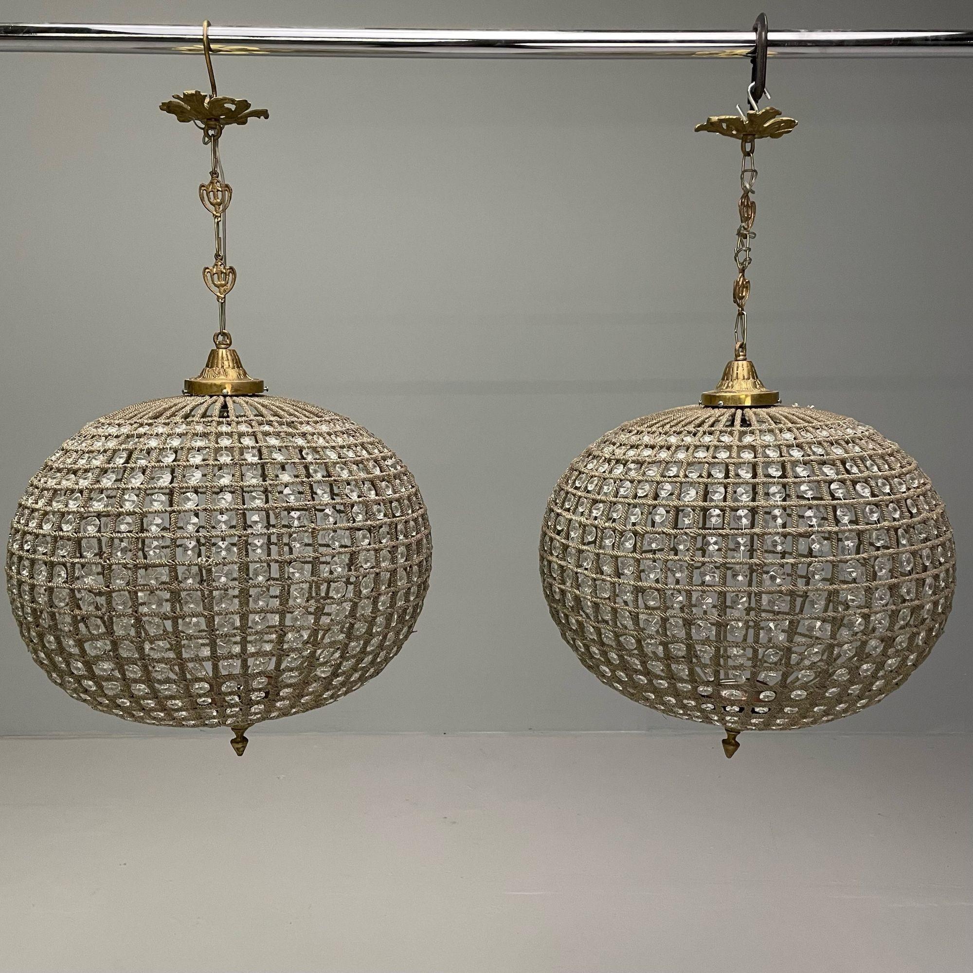 Mid-Century Modern Art Deco, Round Chandeliers, Beveled Crystal, Metal, American, 1980s For Sale