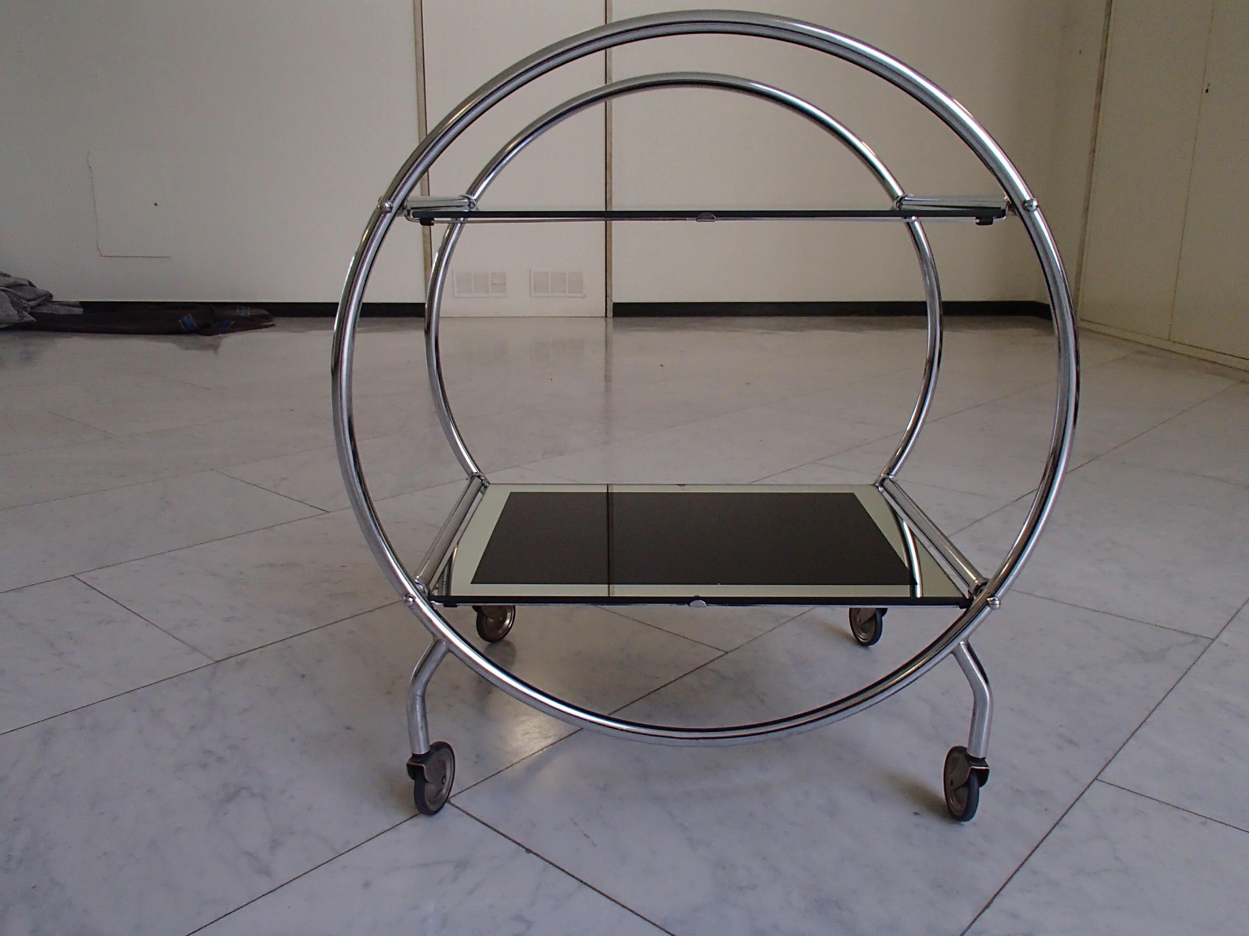 French Art Deco Round Chrome Trolley with Black and Silver Glass