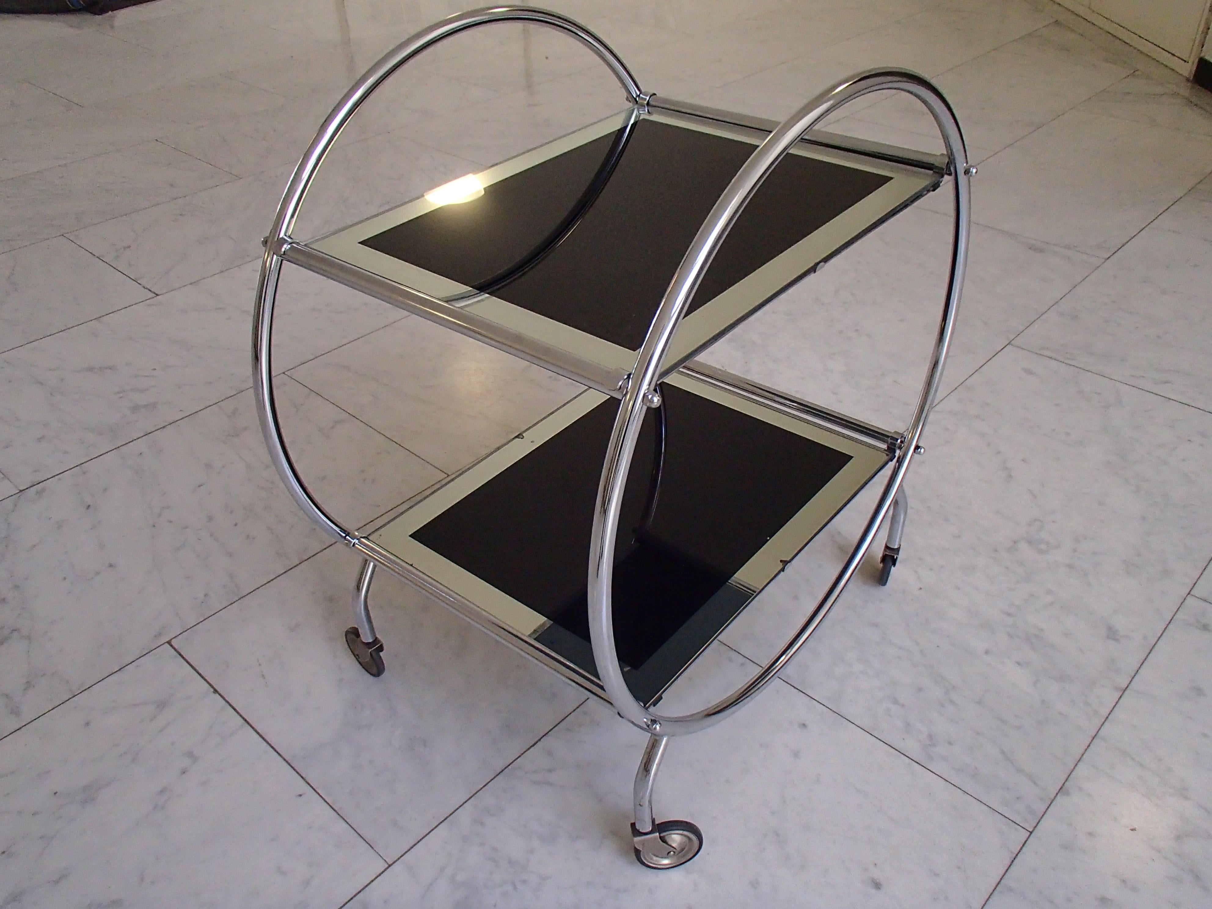 Art Deco Round Chrome Trolley with Black and Silver Glass 1