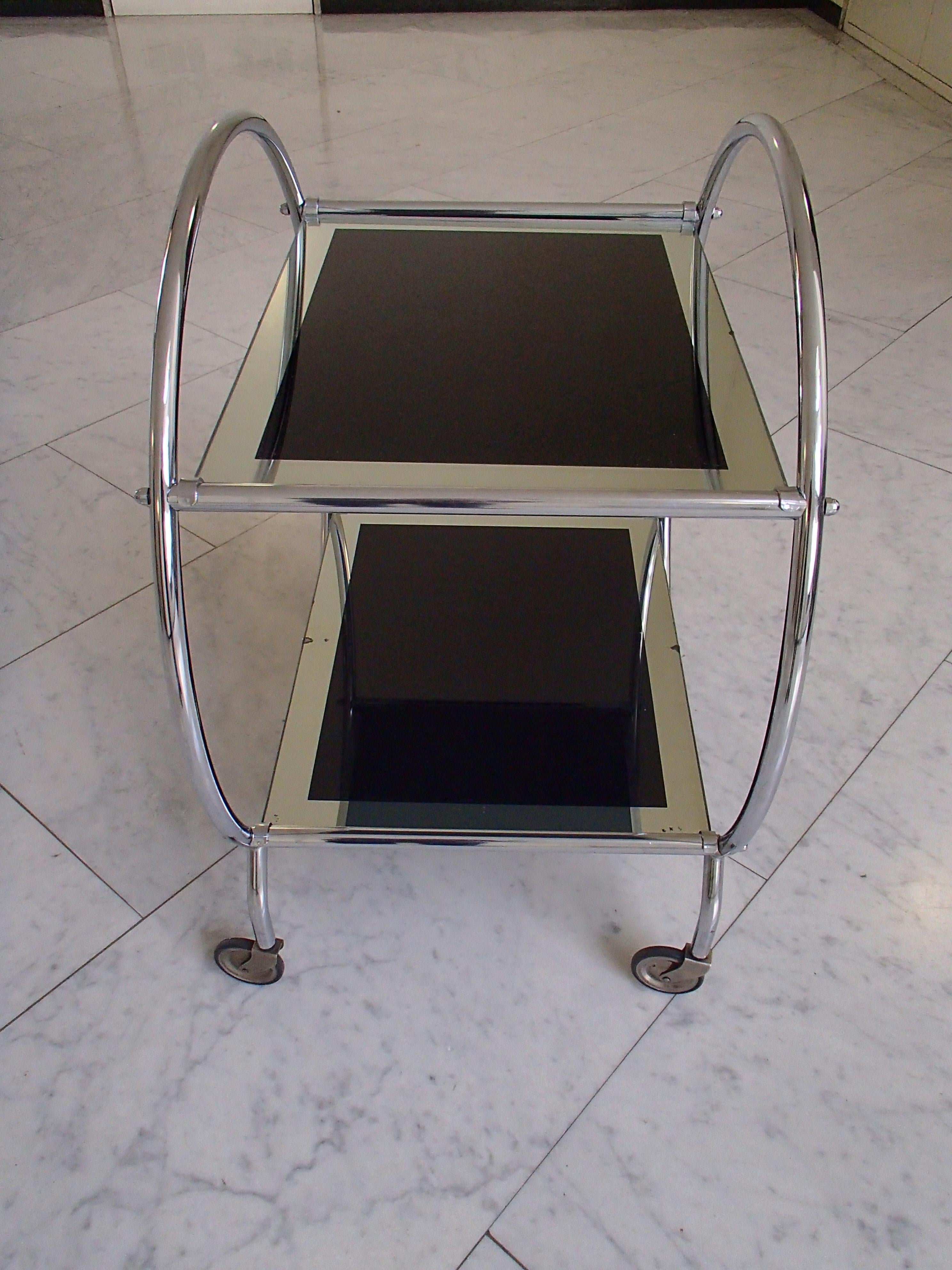 Art Deco Round Chrome Trolley with Black and Silver Glass 2