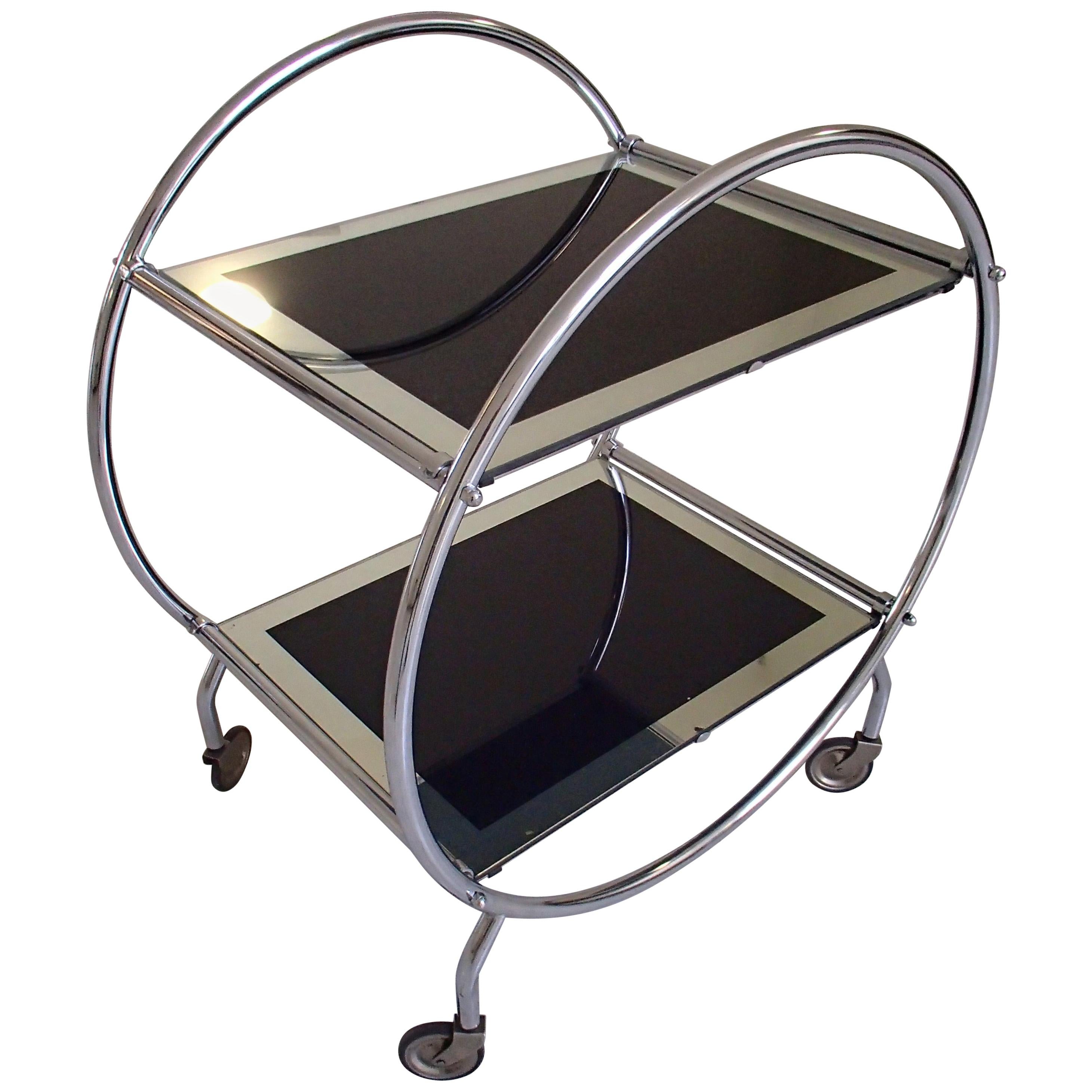 Art Deco Round Chrome Trolley with Black and Silver Glass