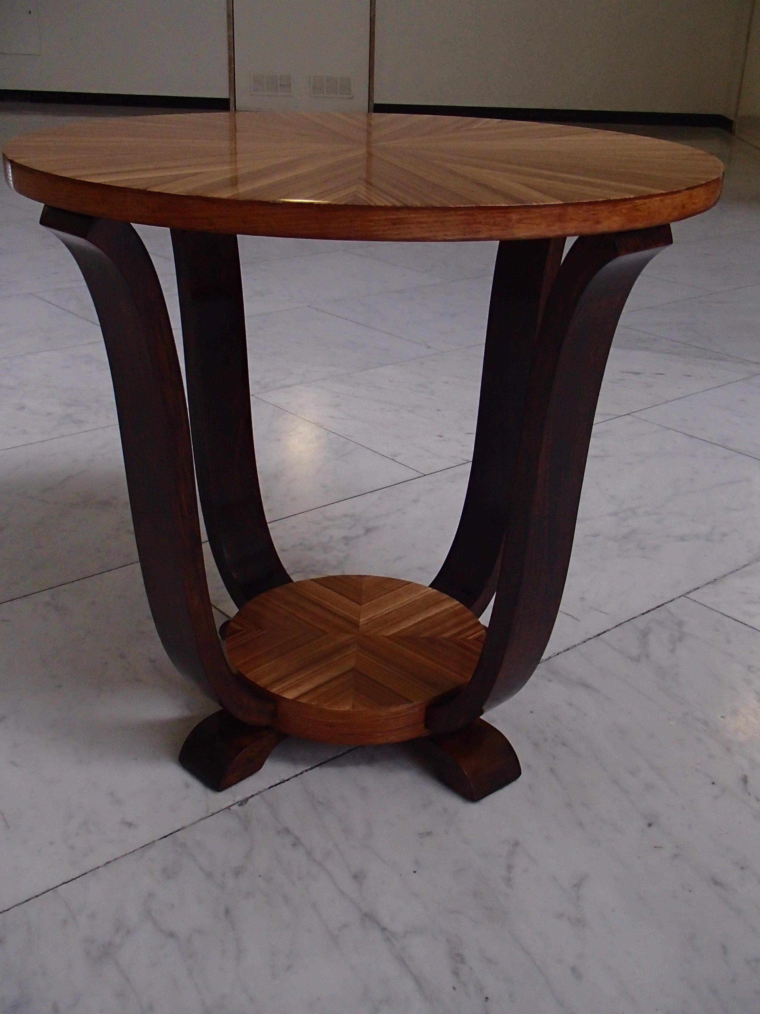 Art Deco round coffee or side table zebrano inlay.