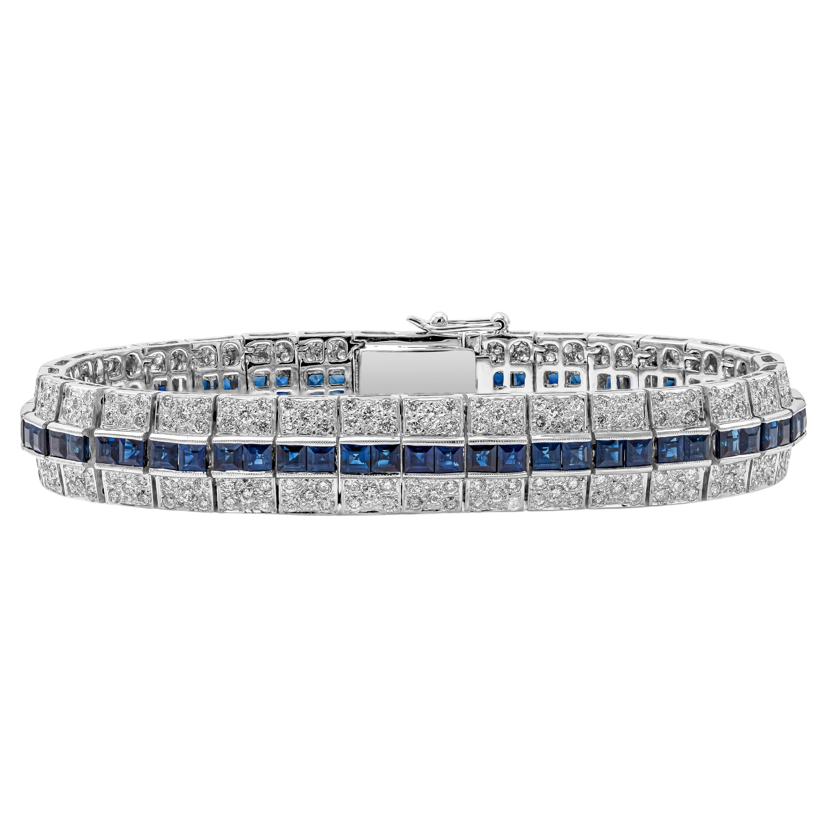 Bracelet tennis en diamants ronds et saphirs bleus de taille carrée de 13,22 carats au total