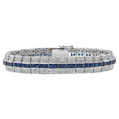 Vintage 13.22 Carats Total Round Diamond and Square Cut Blue Sapphire Tennis Bracelet