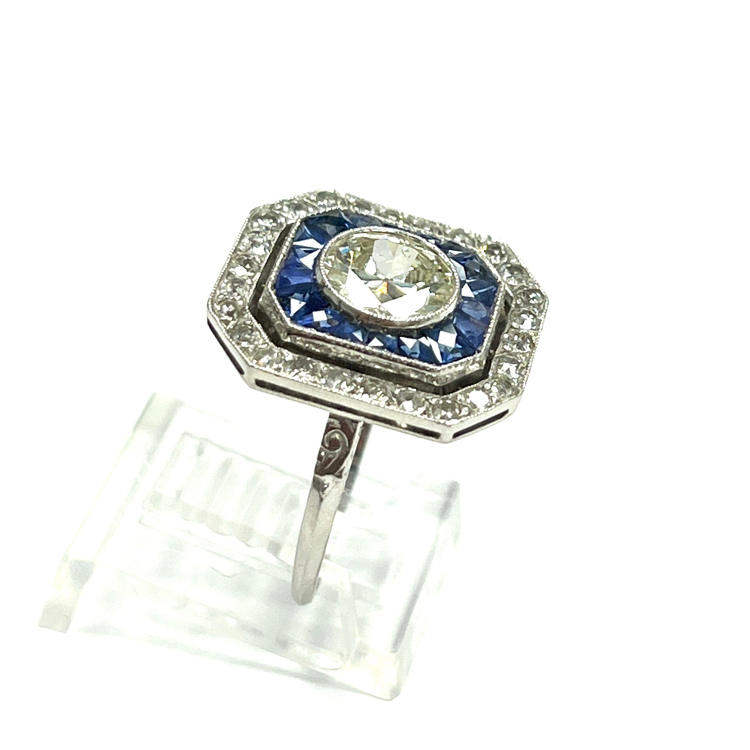 Art Deco Round Diamond & Calibre Sapphire Ring For Sale 5