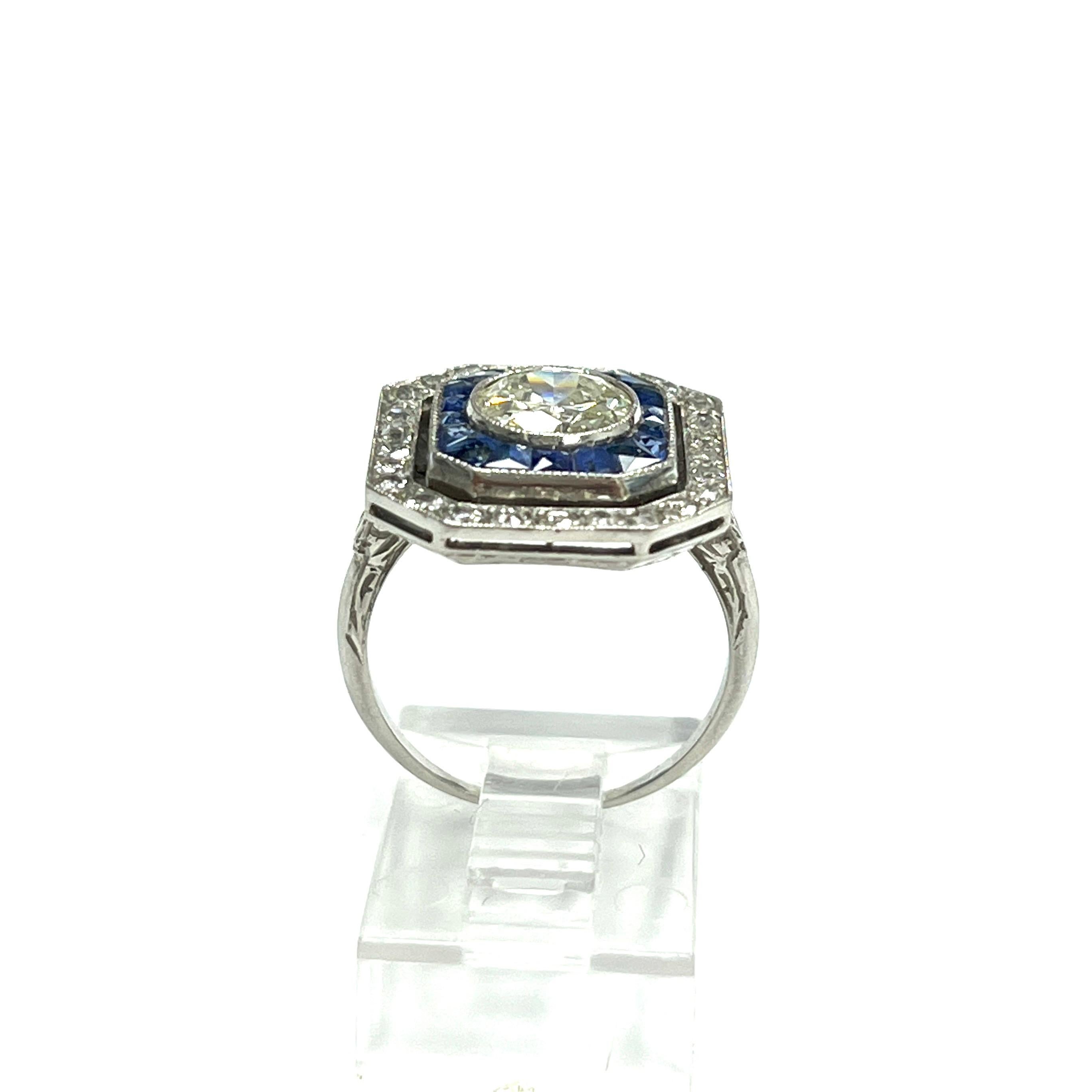 Art Deco Round Diamond & Calibre Sapphire Ring For Sale 6