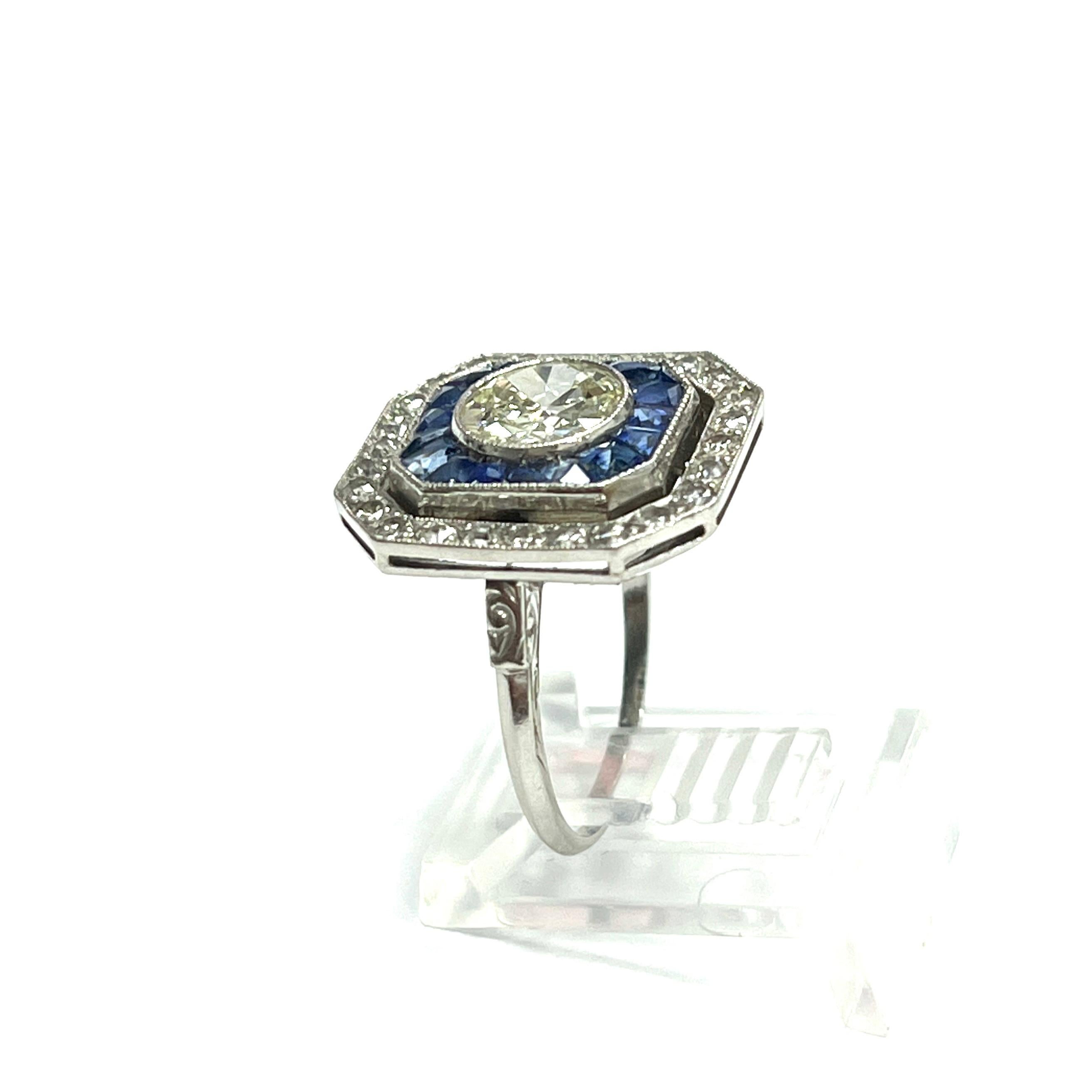 Art Deco Round Diamond & Calibre Sapphire Ring For Sale 7